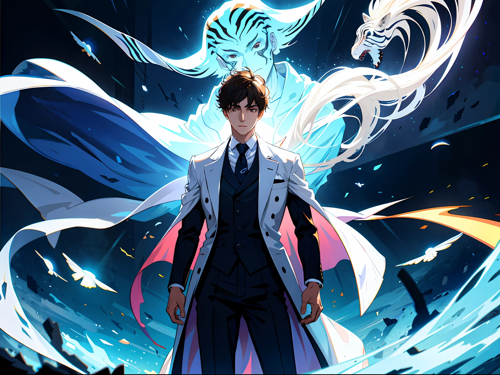 HD clear, best images, illustration quality, super detailed, a handsome teenager standing on the ground with a translucent zebra ghost behind him
