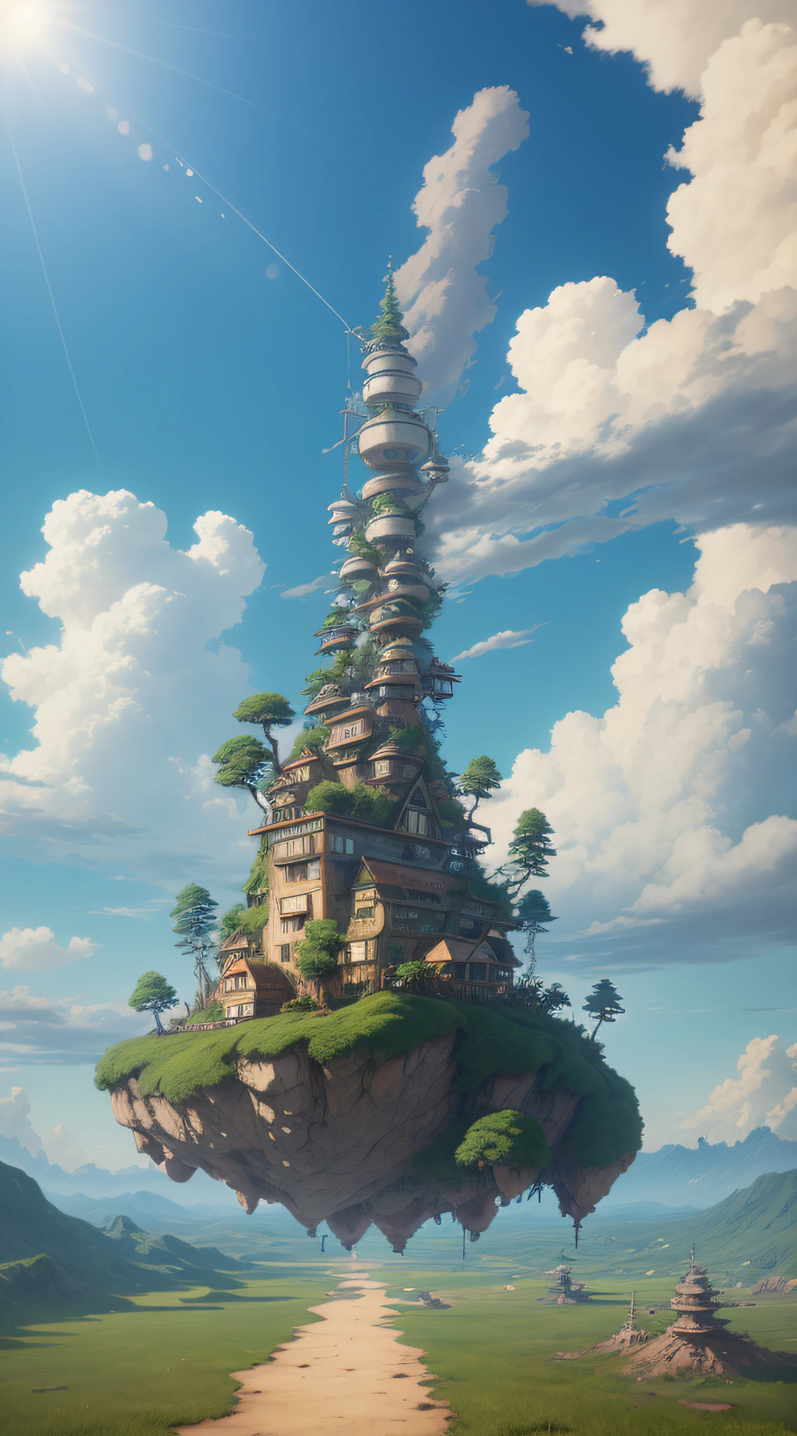 (((Laputa))), floating in ((air)), Hayao Miyazaki style, Studio Ghibli, Unreal Engine 5, ((clouds)), ((sunlight)), ultra-detailed, most Good picture quality.