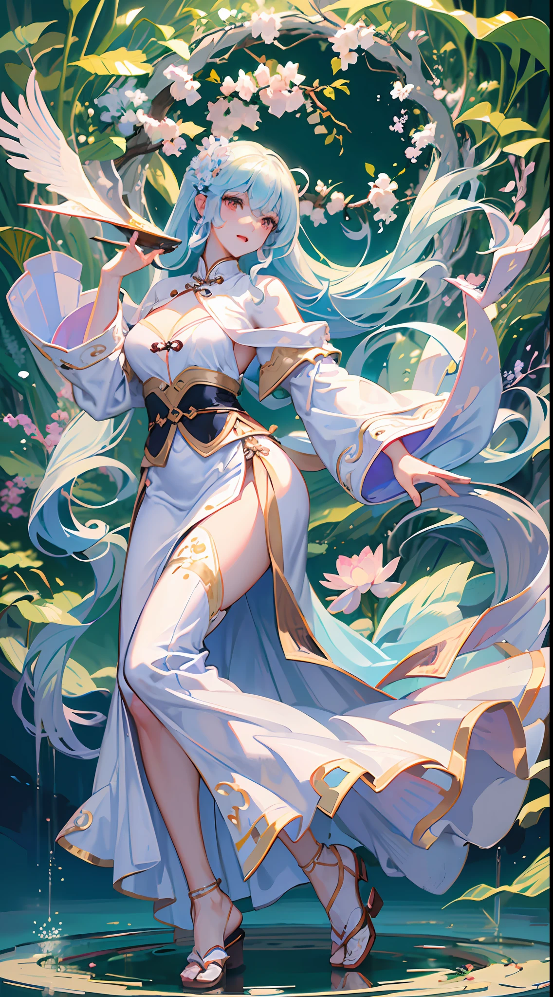 ((High-quality CG, Chinese painting style), (female one), full body picture, white fairy dancing in the magnificent sky, beautiful and gorgeous posture, beautiful appearance like a flower, dressed in white, like the first bloom of snow lotus, eyes shining with happiness, full of light, brilliant magic array surrounding, containing oriental aesthetics, gorgeous fairy clothes, exquisite posture, long hair like a waterfall, white light flashing, dreamy clouds. --auto --s2