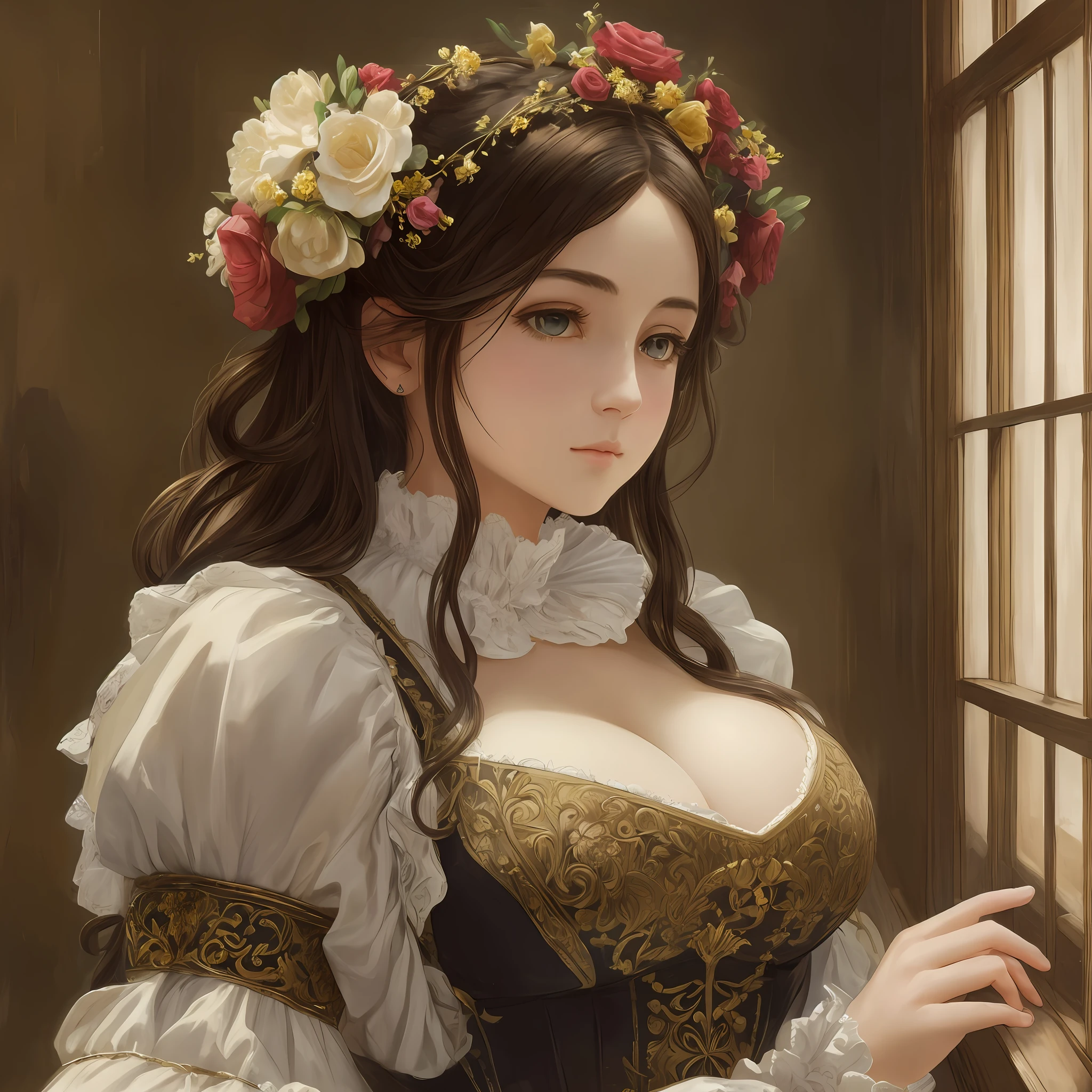 (Pure Color: 0.9), (Color: 1.1), (Masterpiece: 1,2), Best Quality, Masterpiece, High Resolution, Original, Highly Detailed Wallpaper, Beauty, Victorian, Dress, Sad, Big Breasts, Sepia Color, Oil Painting, 30 years old --auto --s2