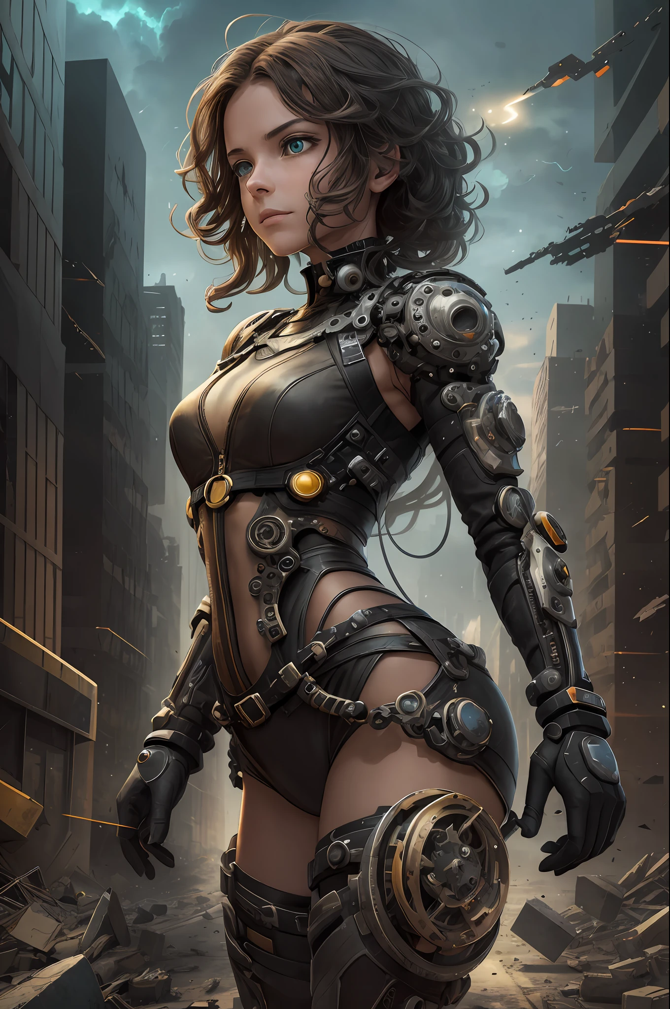 A mysterious woman emerges in a dystopian and confusing setting. Her body is made up of watch guest parts, merging perfectly with her skin. Each gear rotates continuously, creating a constant mechanical motion. It is surrounded by a chaotic landscape, with collapsed buildings, streets littered with debris and a soaring sky. The expression on his face is enigmatic, reflecting the duality between humanity and technology. --auto --s2