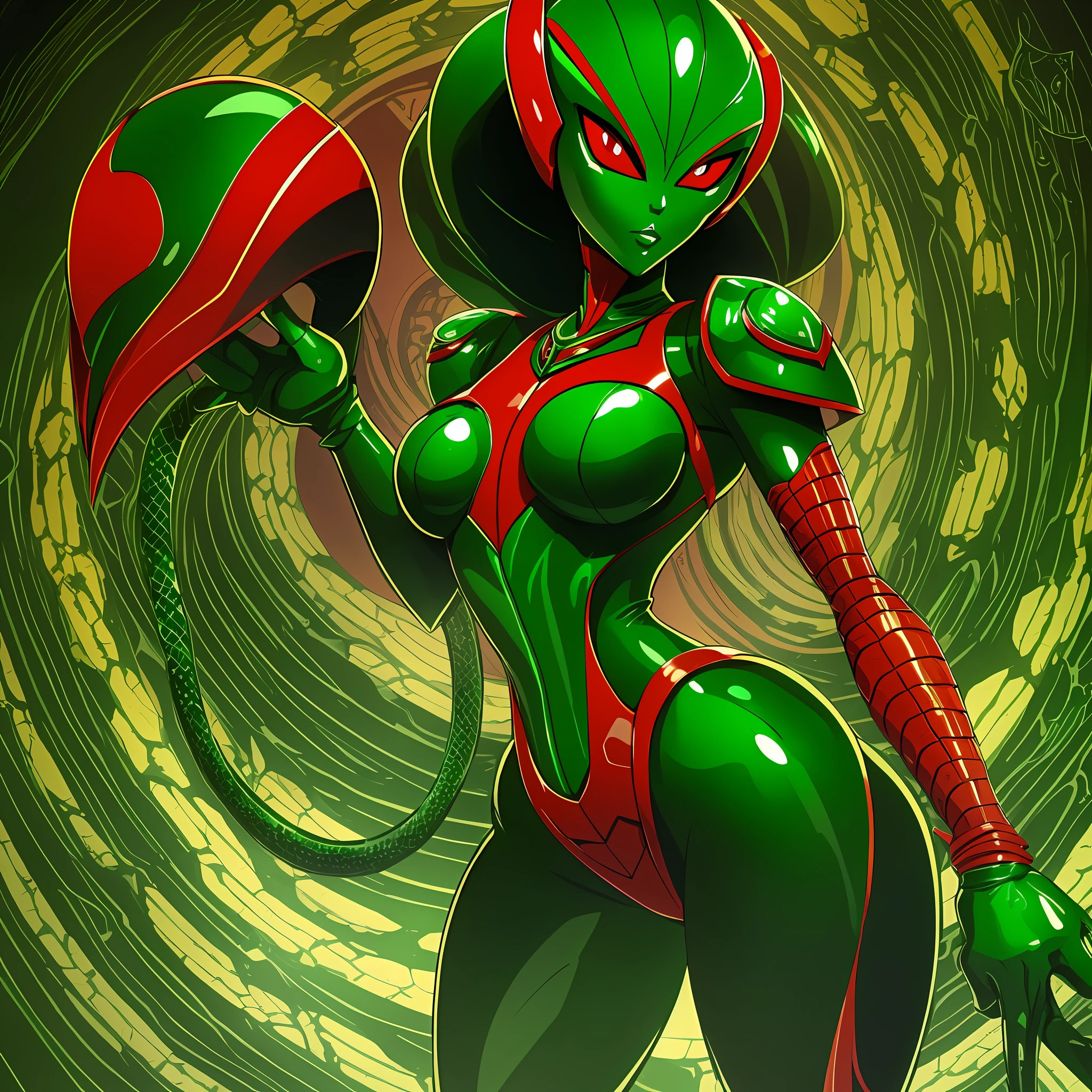 Cartoon photo of a woman in a green and red costume, hot insect humanoid woman, Guyver style, NSFW version, red eyes, scarab reploid, tentacles imitating a snake's tail, cel shade adult animation, alien queen, serpentine pose, --auto --s2