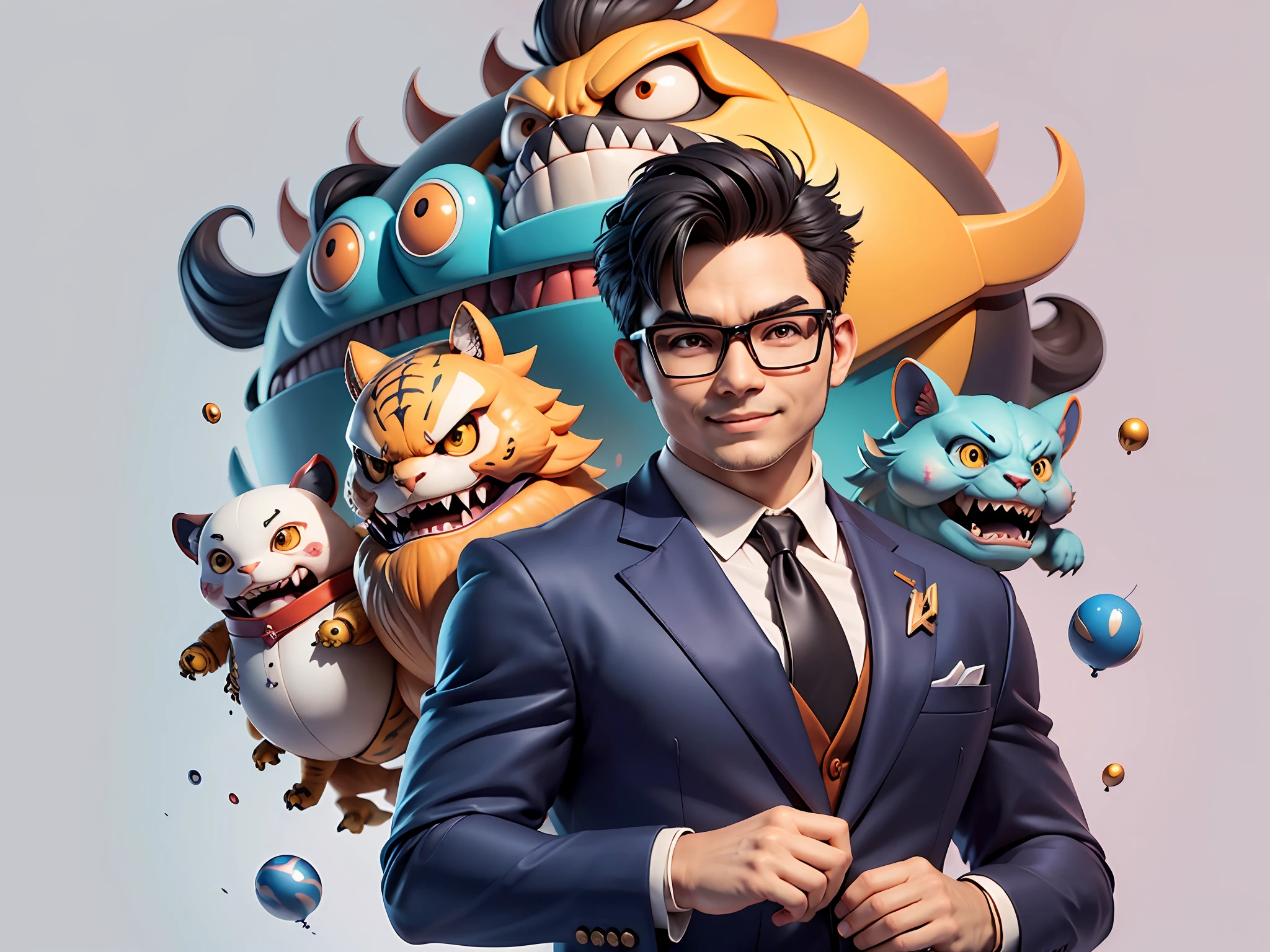 (Masterpiece), (Extreme Quality), (Super Meticulous), (Full Body: 1.2), Super Young Man, Chinese Dragon, Tiger, Wind God Thor, Sexy, Bursting, Oriental Face, TV Anchor, Bust Portrait Illustration, Black Formal Suit, Blue Tie, Slightly Chubby Face, Silver Glasses, Very Clean Face, No Beard on Chin, Black Super Short Hair, Black Eyes, Confident Smile, 3c Computer Sub-Products, iPad, iPhone, Digital Painting, 3D Character Design by Mark Claireden and Pixar and Hayao Miyazaki and Akira Toriyama, The illustration is a high-definition illustration in 4K resolution with very detailed facial features and cartoon-style visuals.