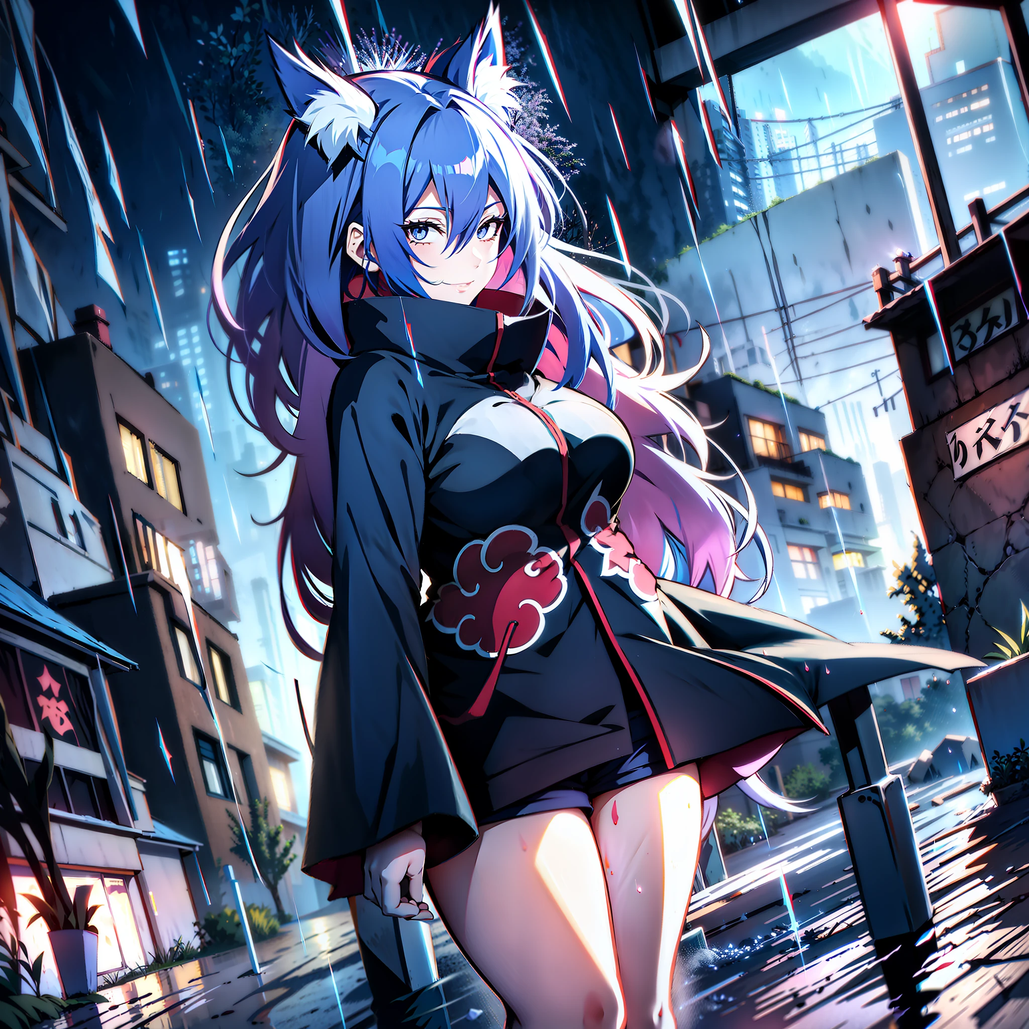 dead buildings in the background, buildings without light, top of a building, mist, rain, heavy rain, storm, , night, akatsuki clothing, 1girl, big breasts, smile, short, chubby, full body, long blue hair, upper blue hair, chained lower red hair, blue fox ears, blue fox tail, large bust, gray eyes, gray pupils, purple kimono, black knee length shorts,  scanned, , Hedda Sterne