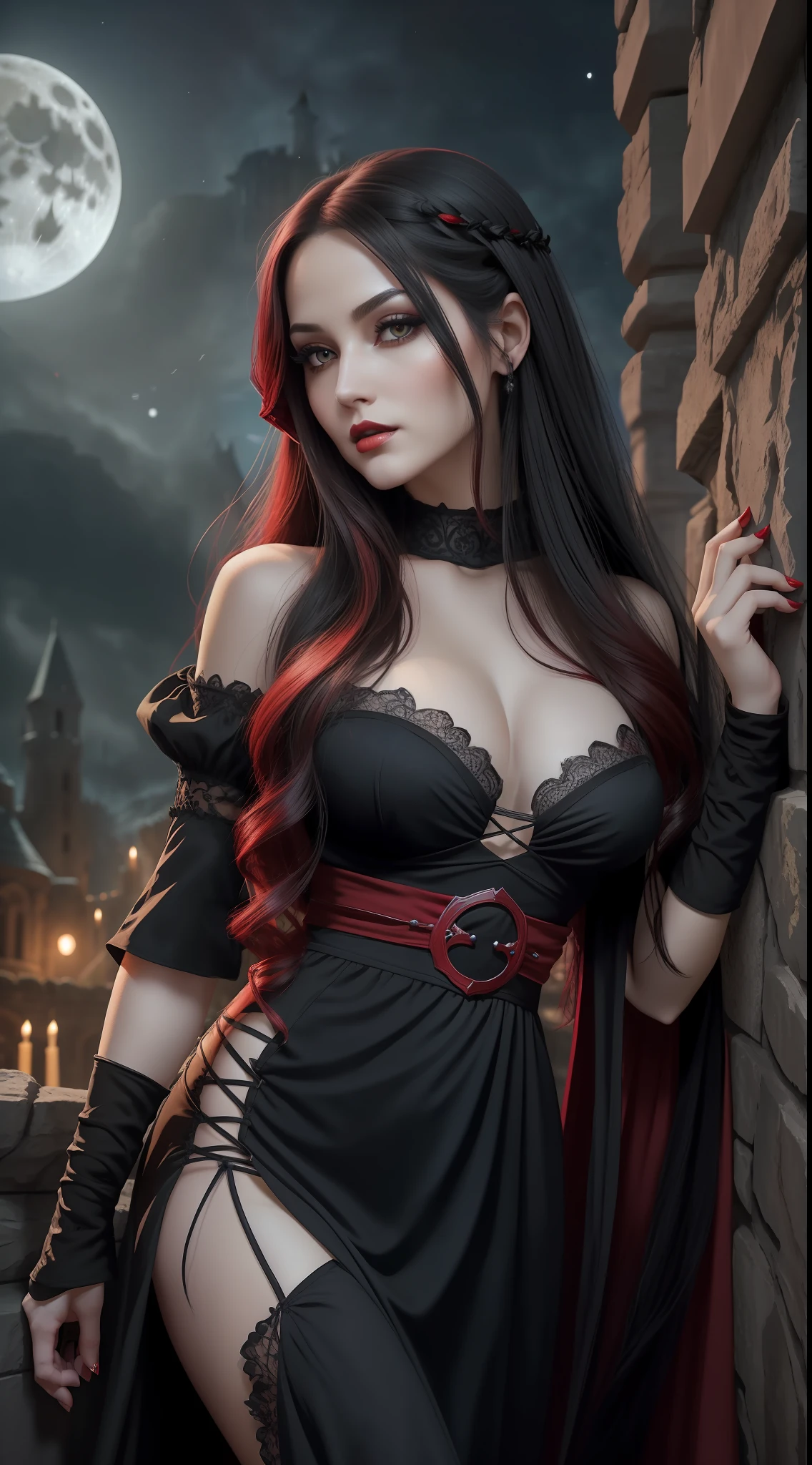 A Pretty Rogue with
Long black hair and captivating eyesBald skin and slightly reddish lips ((long red dress))and fluid with lacy detailsConfident and seductive pose, holding a fanNight scenery in an ancient Gothic castle, with the full moon in the sky