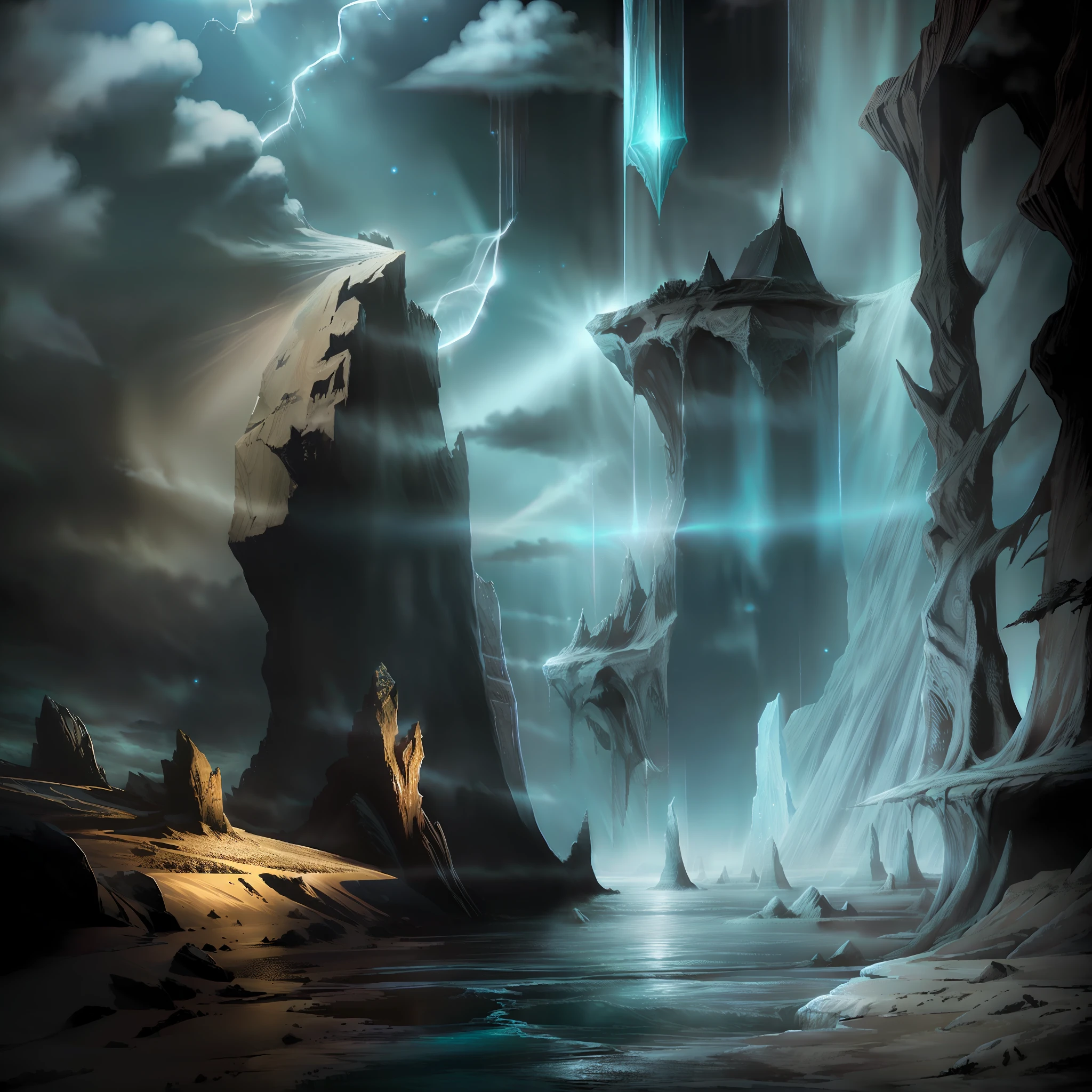 Creation of the dark fantasy world by the gods, principle, light, waters, heavens, earth, elements of nature