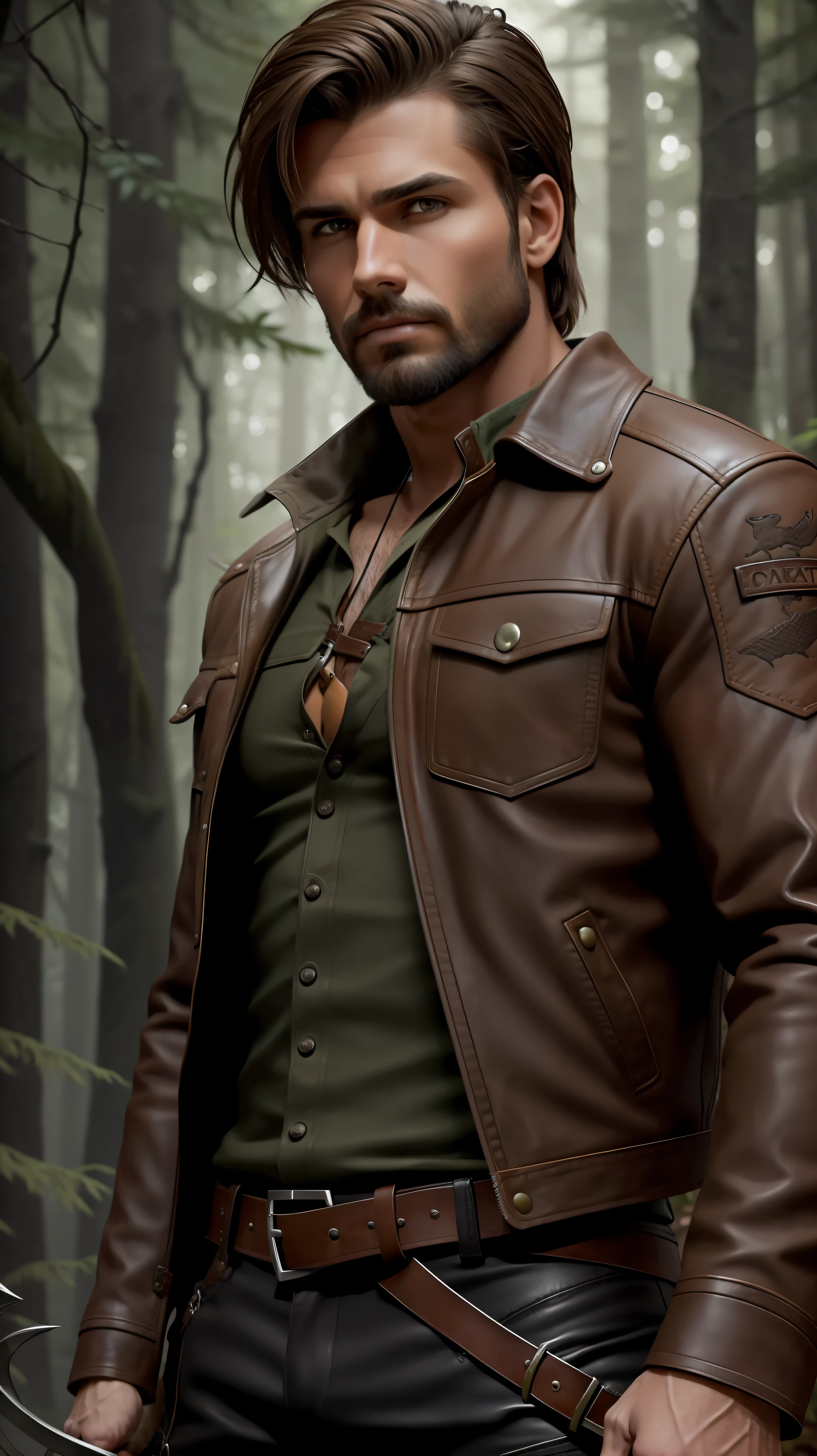 Fearless Hunter Short, brown hair, tight beardSlightly tanned skin, attentive expressionSturdy leather jacket, button-down shirt and dark pantsDefensive pose, holding a crossbow and a dagger, Backdrop of a dense, gloomy forest with gnarled trees and dry leaves