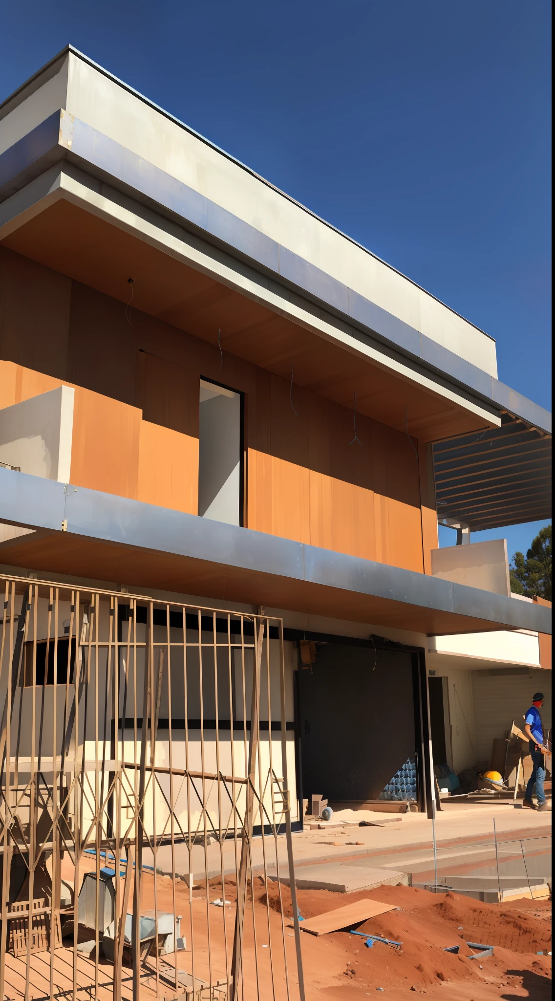 arafed house under construction with a metal fence and a blue sky, coper cladding, metal cladding wall, iron cladding, freddy mamani silvestre facade, architectural finishes, metal panels, wood panels, residential, mid-view, wooden walls brass panels, wooden house, passive house, 3/4 view from below, wooden structures