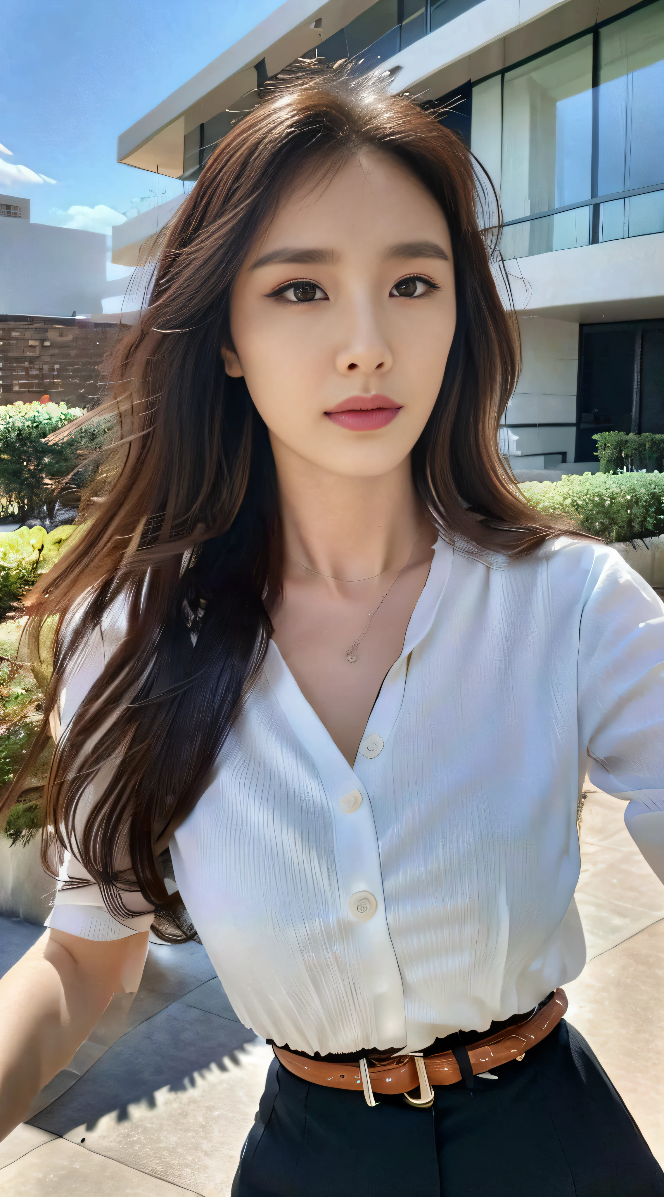 (Best quality, High resolution, Masterpiece :1.3), A tall and pretty woman, Slender abs, Dark brown hair styled in loose waves, Breasts, Wearing pendant, White button up shirt, Belt, Black skirt, (Modern architecture in background), Details exquisitely rendered in the face and skin texture, Detailed eyes, Double eyelid