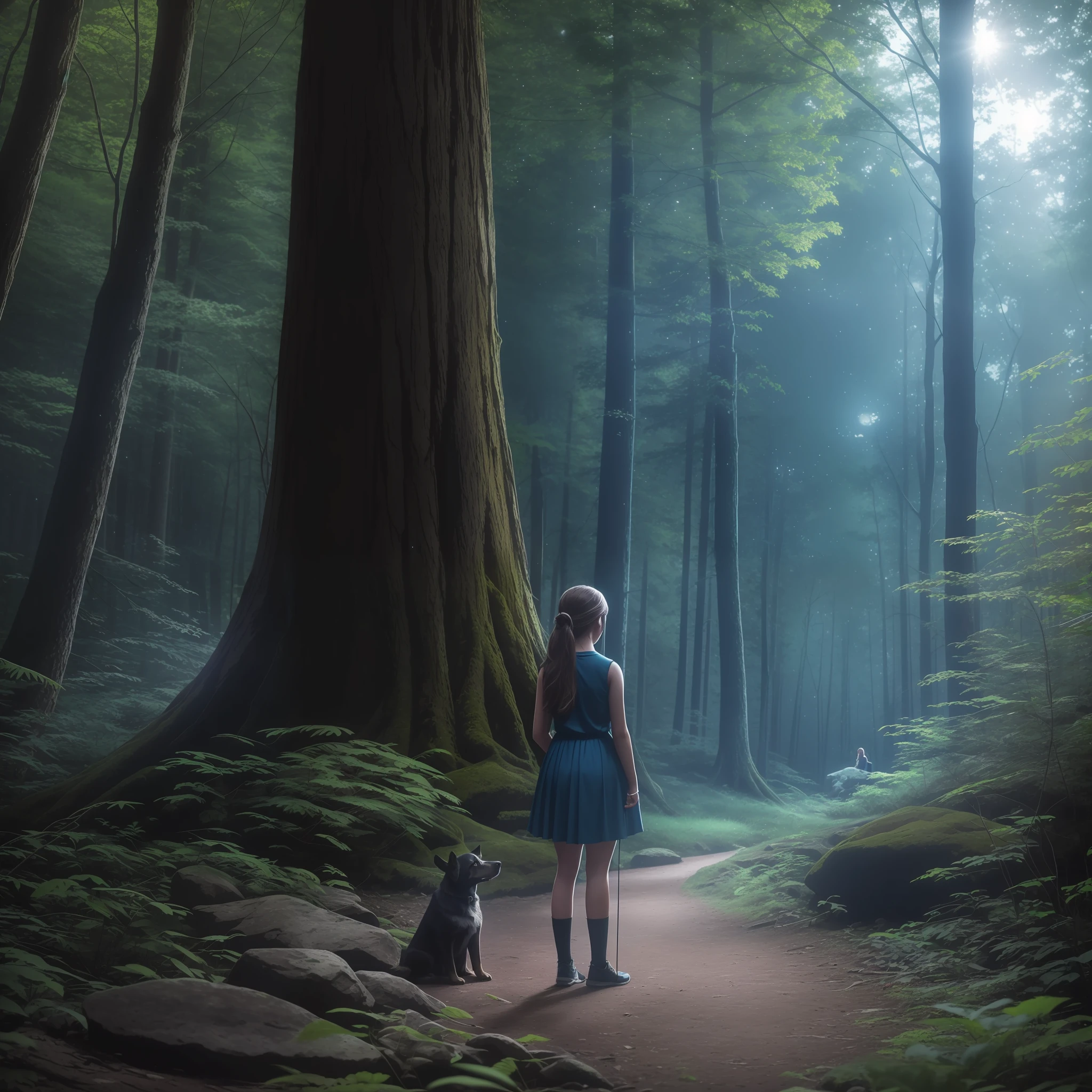 girl and her dog, amidst the woods, standing on an ancient rock, perfect body, beautiful face ,night, blue moon, dense forest, ultra high quality, fireflies, magical, mysterious, love, romantic, blue moon, photo realistic, silhouette, ultra hd, fireflies in the background, --auto --s2