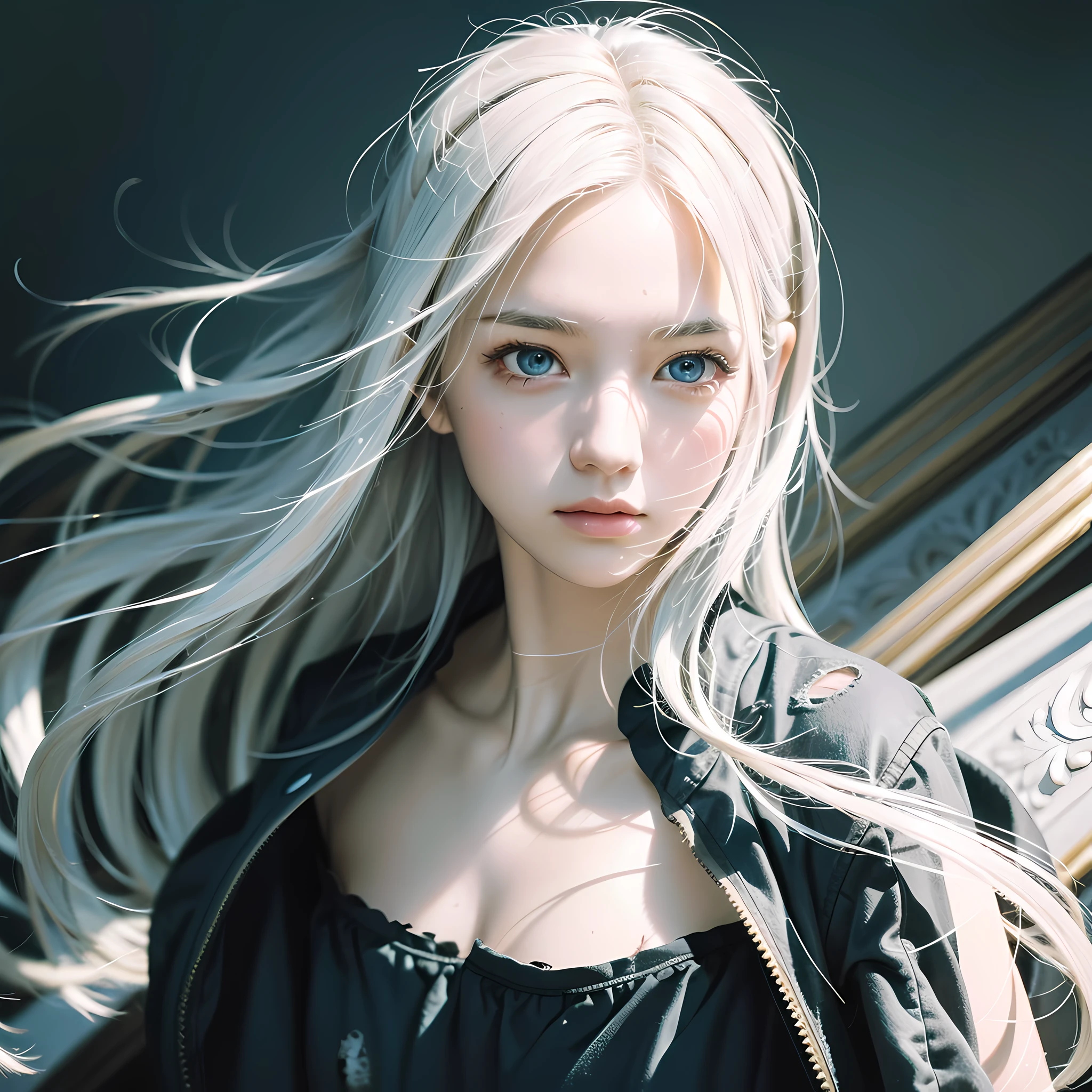 best quality, masterpiece, super high resolution, (reality:1.5), art, original photo, dynamic lighting, high resolution, sharp focus, depth of field,1girl, medium, masterpiece, best quality, super detailed, illustration, white hair, super detailed face, high quality face, upper body, fight, bleeding, tattered clothes, knife
