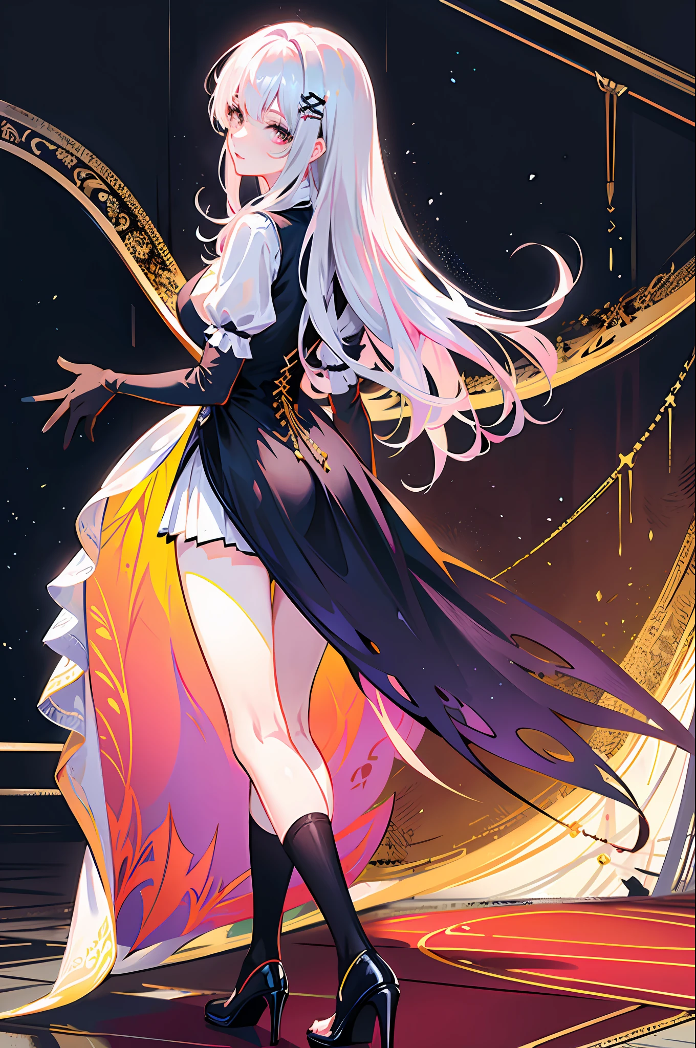 masterpiece, top quality, best quality, official art, (beautiful and aesthetic:1.3),extreme detailed,(fractal art),colorful, realistic style, official wallpaper, 1lady, standing to a floor-to-ceilingmirror,translucent dress a white shirt, short gauze skirt covered her leges, sunlight on her skin, with metal hair ornament, wearing lace gloves, and suspender stockings,on high heels, black long hair, looking back,light pink gauze miniskirt, lace underpants,