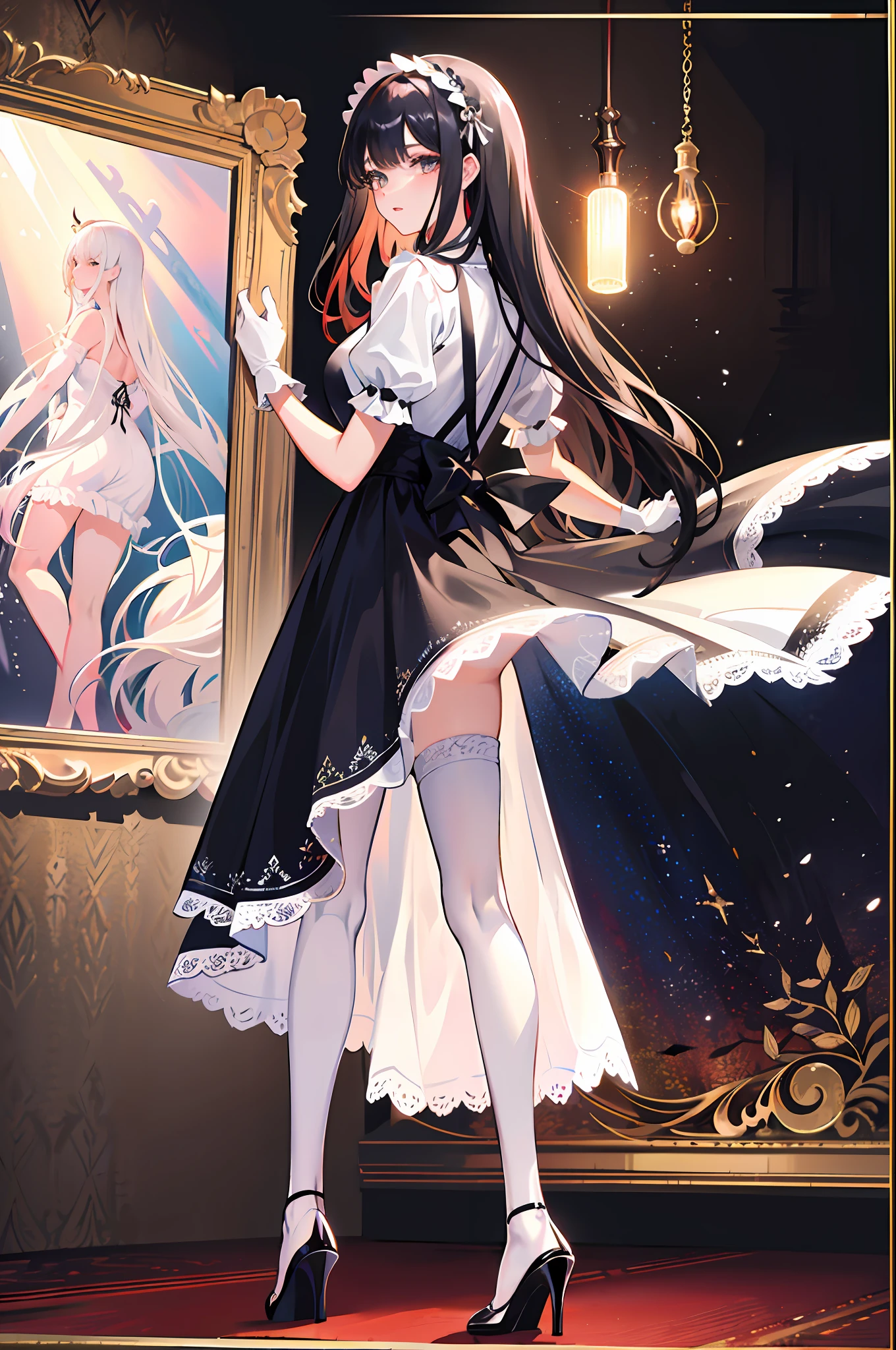 masterpiece, top quality, best quality, official art, (beautiful and aesthetic:1.3),extreme detailed,(fractal art),colorful, realistic style, official wallpaper, 1lady, standing to a floor-to-ceilingmirror,translucent dress a white shirt, short gauze skirt covered her leges, sunlight on her skin, with metal hair ornament, wearing lace gloves, and suspender stockings,on high heels, black long hair, looking back,light pink gauze miniskirt, lace underpants,
