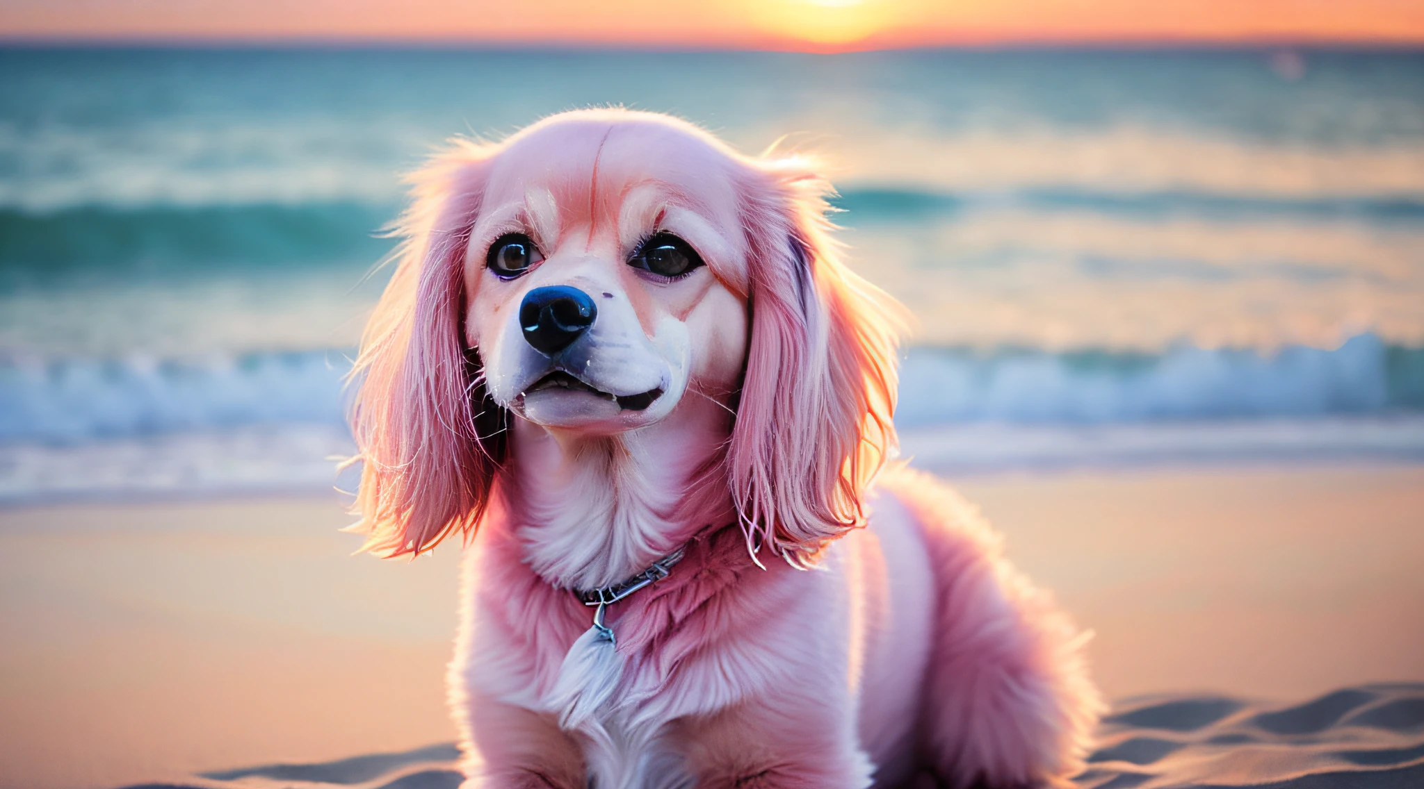 Close-up photo of a very cute pink dog on the beach, pink, soft volumetric lighting, (backlight: 1.3), (video: 1.2), intricate detail, (ArtStation: 1.3), rutkowski, smile,