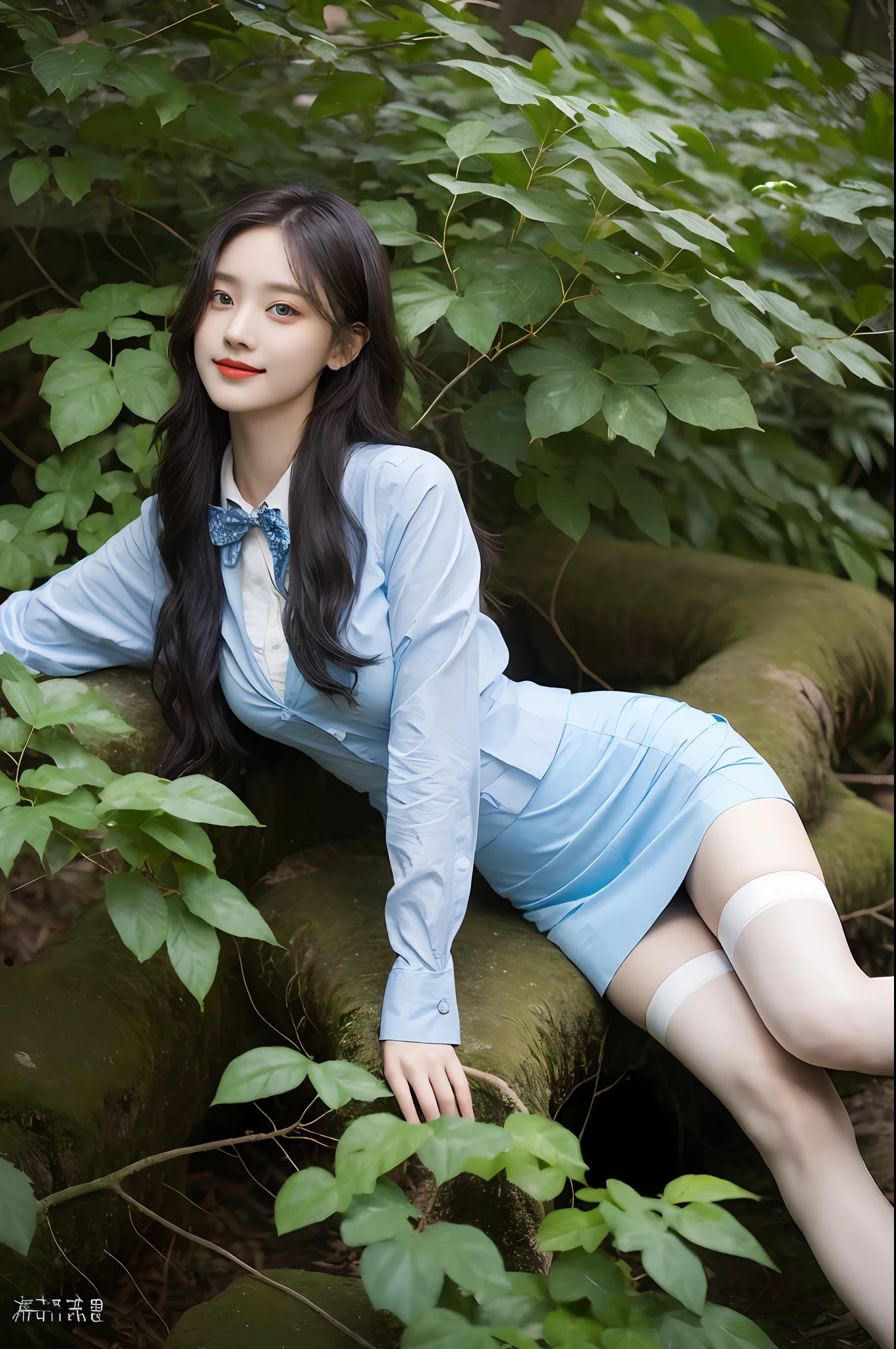 A cute girl, 20 years old, light blue eyes, black hair, long bohemian hairstyle, wearing (sky blue) short skirt skirt skirt and shirt, in a dark, mysterious forest, twisted branches and creeping vines, front picture, earrings, bow tie, noon, cinematic lighting, ((masterpiece)), (best quality), (high resolution), original, extremely detailed 8K, (realism: 1.4), flawless face, perfect eyes, symmetrica body type, (full body), smile, White stockings