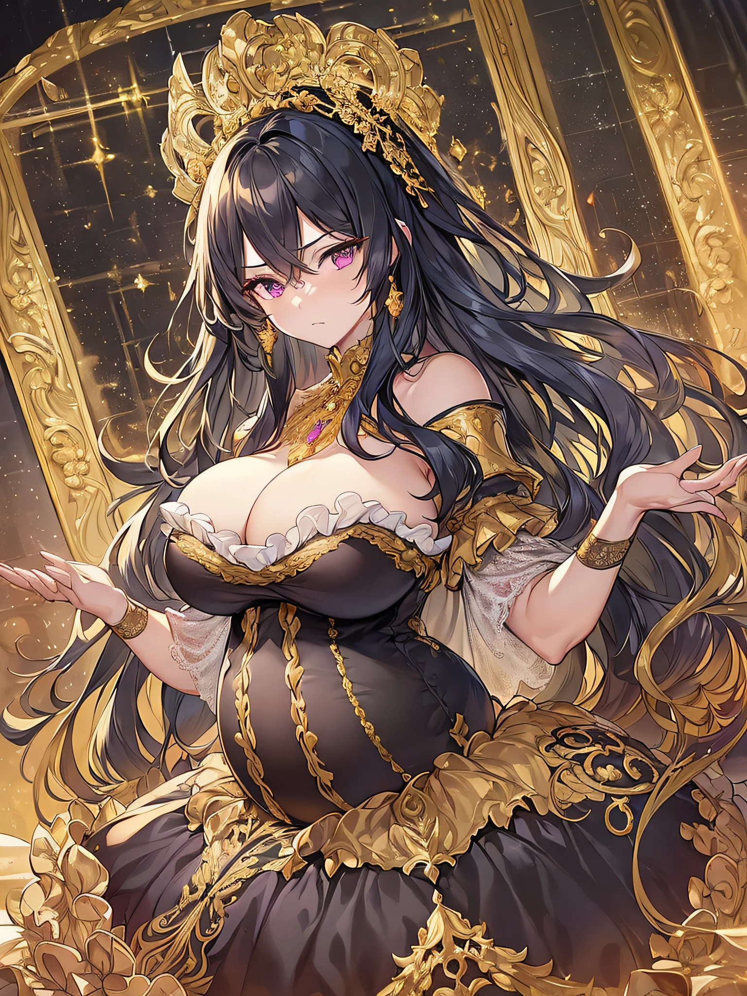 ((anime moe artstyle)),((Masterpiece)), (Best Quality), (Super Detail), Illustration, (((Very Delicate and Beautiful))),Dynamic Angle,Looking at viewer,((((Solo)))),(((Full body))),(((1 arrogant pregnant empress attending a ball wearing gorgeous black ballgown))),((((heavily pregnant)))),(standing),(((arrogant))),((angry)),(((blash))),(Purple eyes),Sharp eyes,Detailed Face, Long Eyelashes,(Jet Black Hair),((Straight Hair,Very Long Hair)),((Bangs between eyes)),((((gigantic breasts,Huge breasts,Bulging breasts,Long breasts)))),cleavage,((skindentation)),curvy,See-through,(((luxurious lace and ruffled black and gold rococo ballgown adorned with abundant jewels and gorgeous embroidery))),(((voluminous black and gold rococo dress with a flared hemline))),(fluffy rococo ball gown with gorgeous embroidery and lace),((gold trim)),(((hoop skirt))),long skirt,corset,crinoline,opera gloves,Beautifully Gorgeous jeweled big tiara,Beautifully Gorgeous gem earrings,Beautifully Gorgeous jeweled necklace,Beautifully Gorgeous jeweled ornaments,indoor,light particles,((royal ballroom)),castle ball