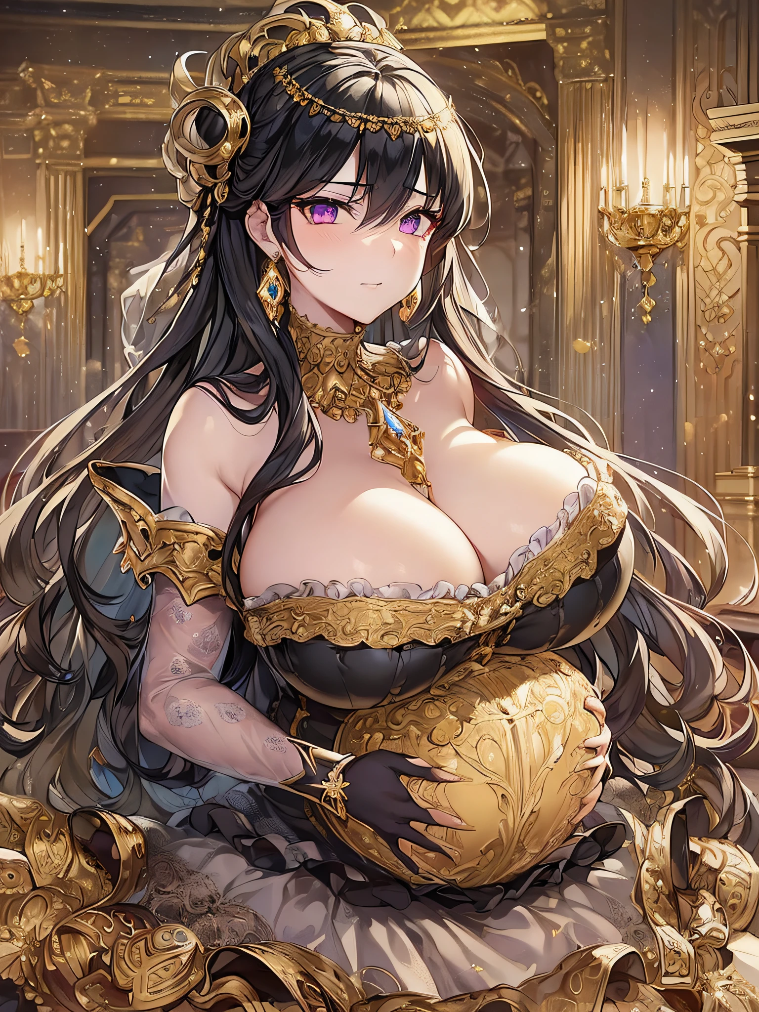 ((anime moe artstyle)),((Masterpiece)), (Best Quality), (Super Detail), Illustration, (((Very Delicate and Beautiful))),Dynamic Angle,Looking at viewer,((((Solo)))),(((Full body))),(((1 arrogant pregnant empress attending a ball wearing gorgeous black ballgown))),((((heavily pregnant)))),(standing),(((arrogant))),((angry)),(((blash))),(Purple eyes),Sharp eyes,Detailed Face, Long Eyelashes,(Jet Black Hair),((Straight Hair,Very Long Hair)),((Bangs between eyes)),((((gigantic breasts,Huge breasts,Bulging breasts,Long breasts)))),cleavage,((skindentation)),curvy,See-through,(((luxurious lace and ruffled black and gold rococo ballgown adorned with abundant jewels and gorgeous embroidery))),(((voluminous black and gold rococo dress with a flared hemline))),(fluffy rococo ball gown with gorgeous embroidery and lace),((gold trim)),(((hoop skirt))),long skirt,corset,crinoline,opera gloves,Beautifully Gorgeous jeweled big tiara,Beautifully Gorgeous gem earrings,Beautifully Gorgeous jeweled necklace,Beautifully Gorgeous jeweled ornaments,indoor,light particles,((royal ballroom)),castle ball