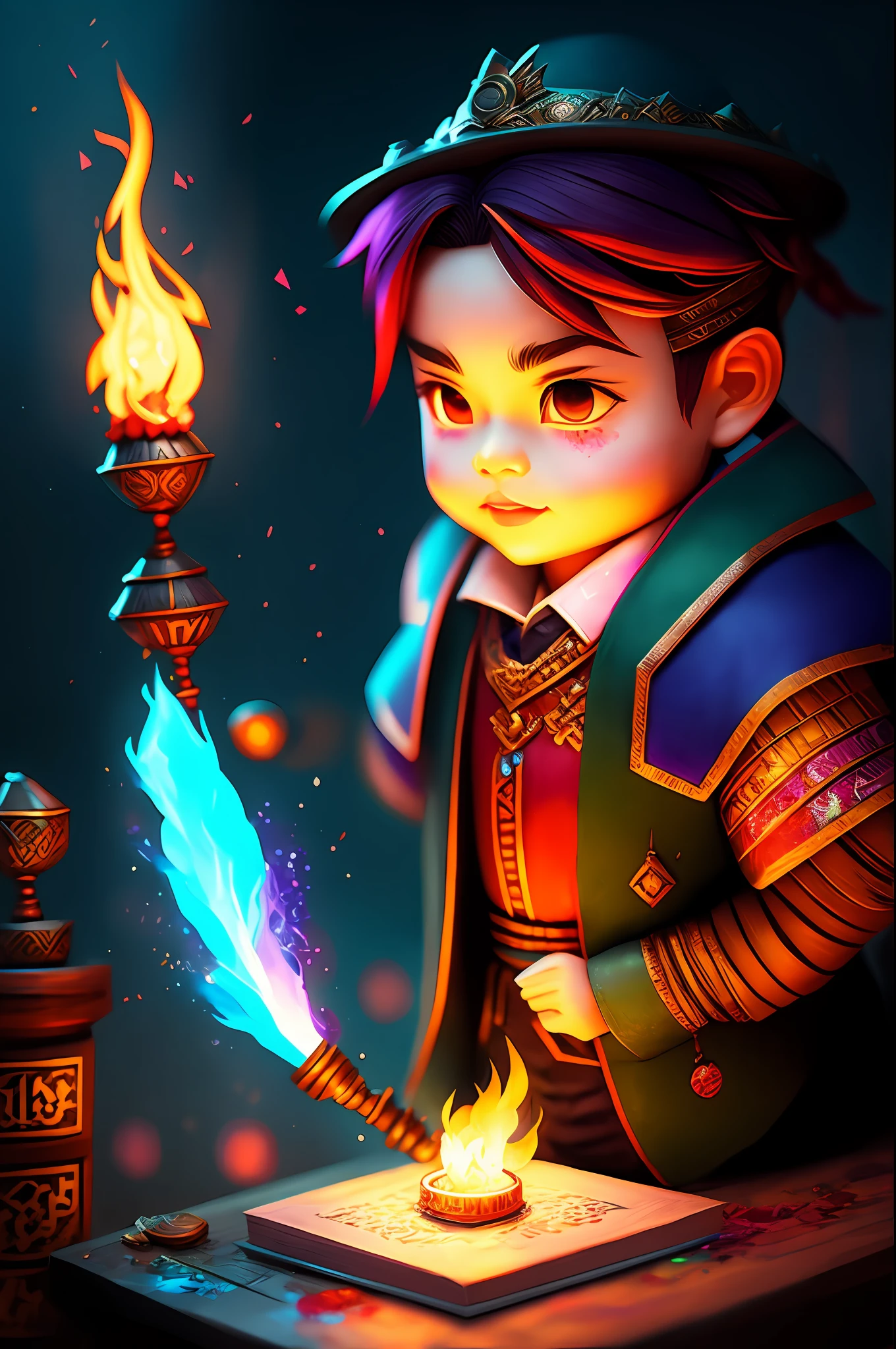 (dreamlikeart: 1.2), splash art portrait painting (chibi Igao undergraud: 1.3), cinenatic, highly detailed colorful lighting of hogwarts background, Igao undergraud doing magic, shaking the cauldron