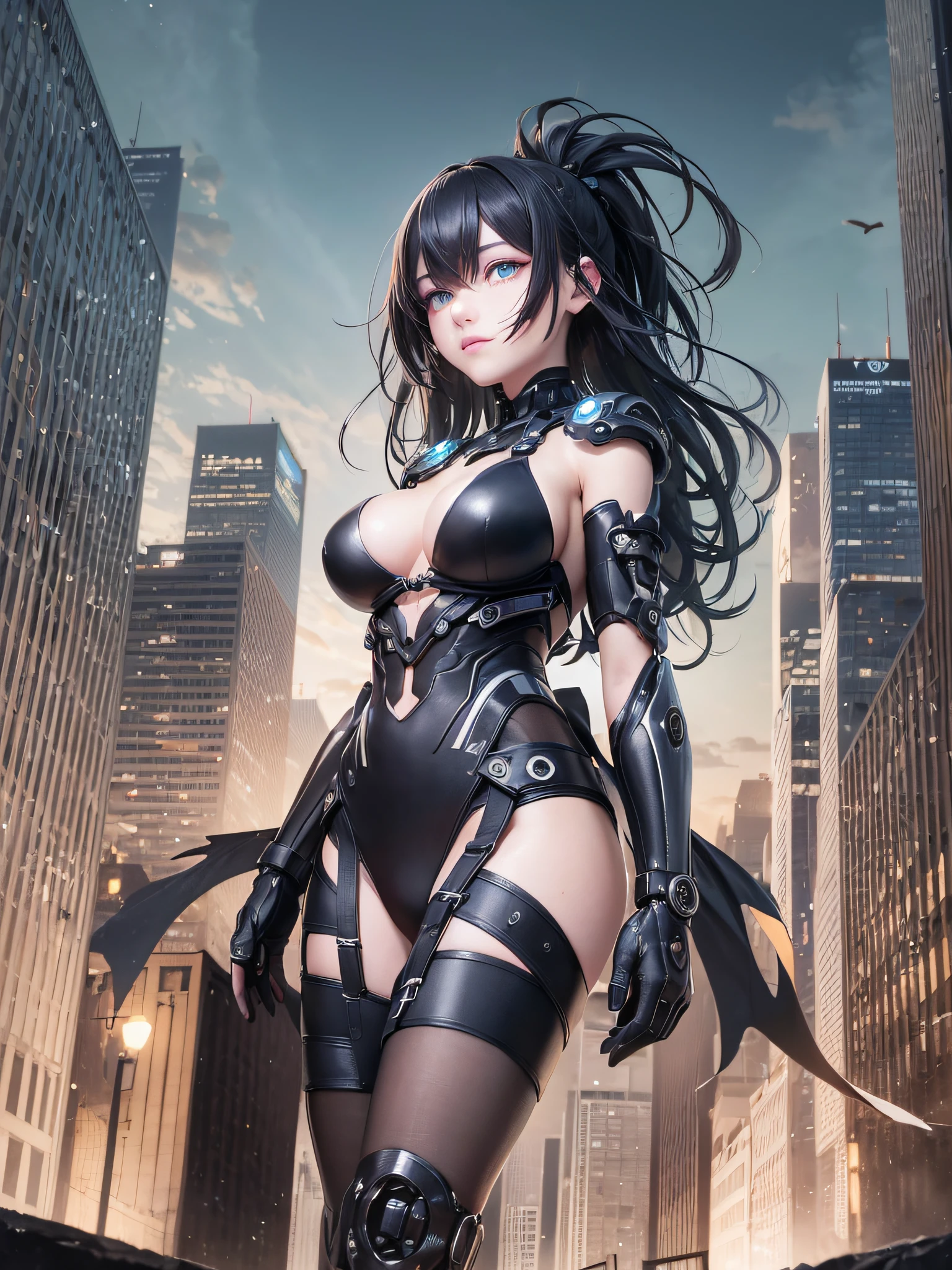 A mysterious woman emerges in a dystopian and confusing setting. Her body is made up of watch guest parts, merging perfectly with her skin. Each gear rotates continuously, creating a constant mechanical motion. It is surrounded by a chaotic landscape, with collapsed buildings, streets littered with debris and a soaring sky. The expression on his face is enigmatic, reflecting the duality between humanity and technology. --auto --s2