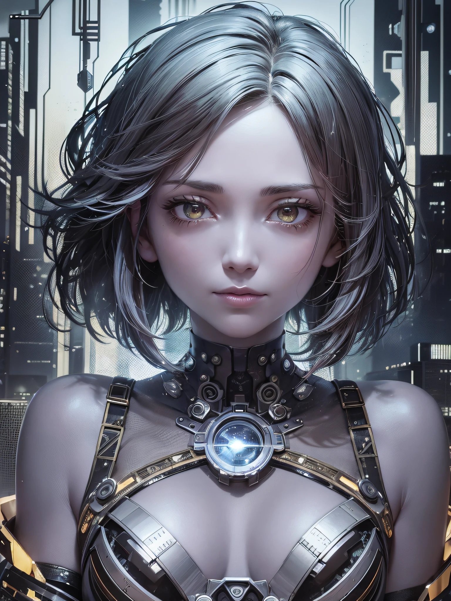 A mysterious woman emerges in a dystopian and confusing setting. Her body is made up of watch guest parts, merging perfectly with her skin. Each gear rotates continuously, creating a constant mechanical motion. It is surrounded by a chaotic landscape, with collapsed buildings, streets littered with debris and a soaring sky. The expression on his face is enigmatic, reflecting the duality between humanity and technology. --auto --s2