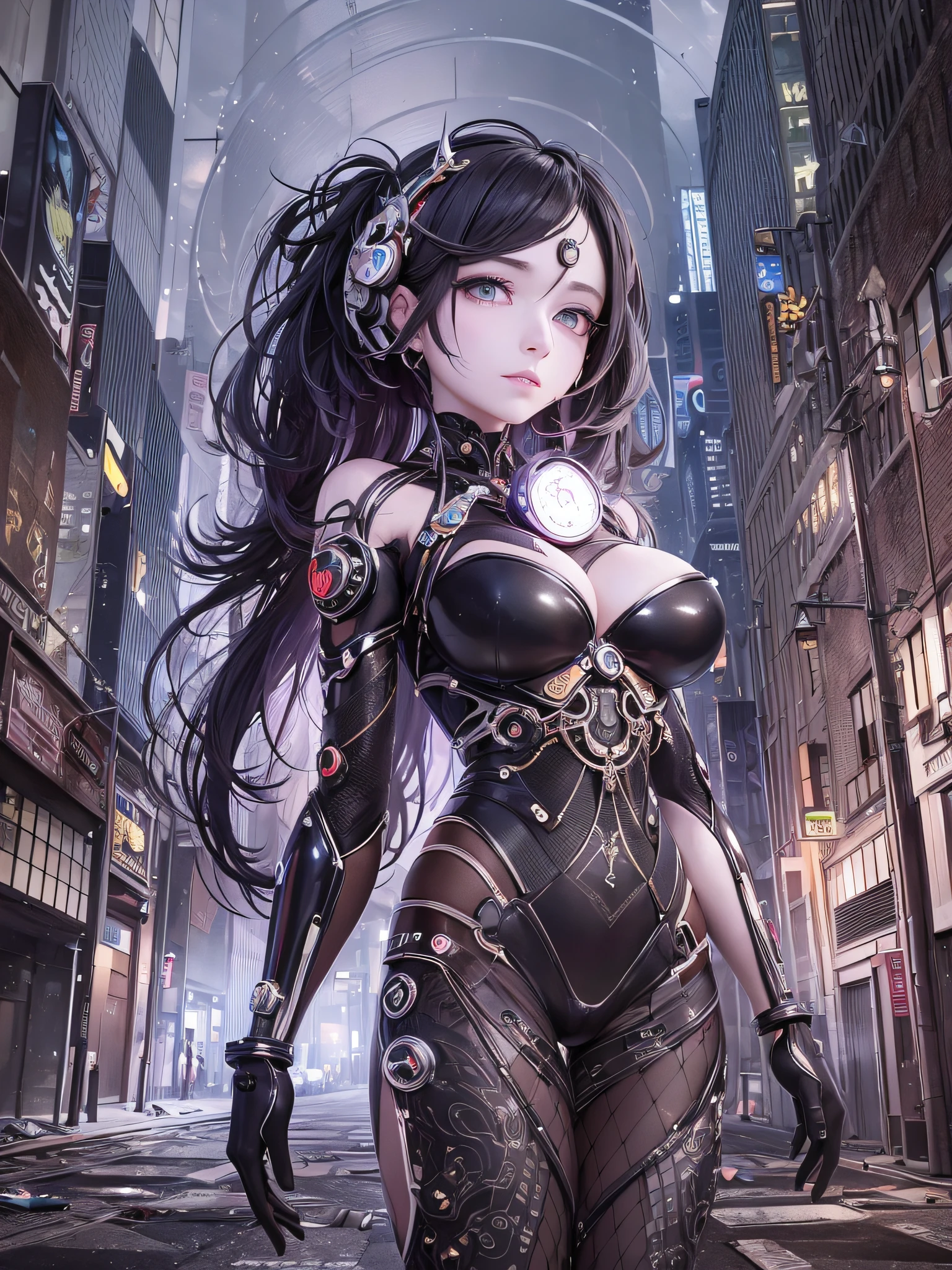 A mysterious woman emerges in a dystopian and confusing setting. Her body is made up of watch guest parts, merging perfectly with her skin. Each gear rotates continuously, creating a constant mechanical motion. It is surrounded by a chaotic landscape, with collapsed buildings, streets littered with debris and a soaring sky. The expression on his face is enigmatic, reflecting the duality between humanity and technology. --auto --s2