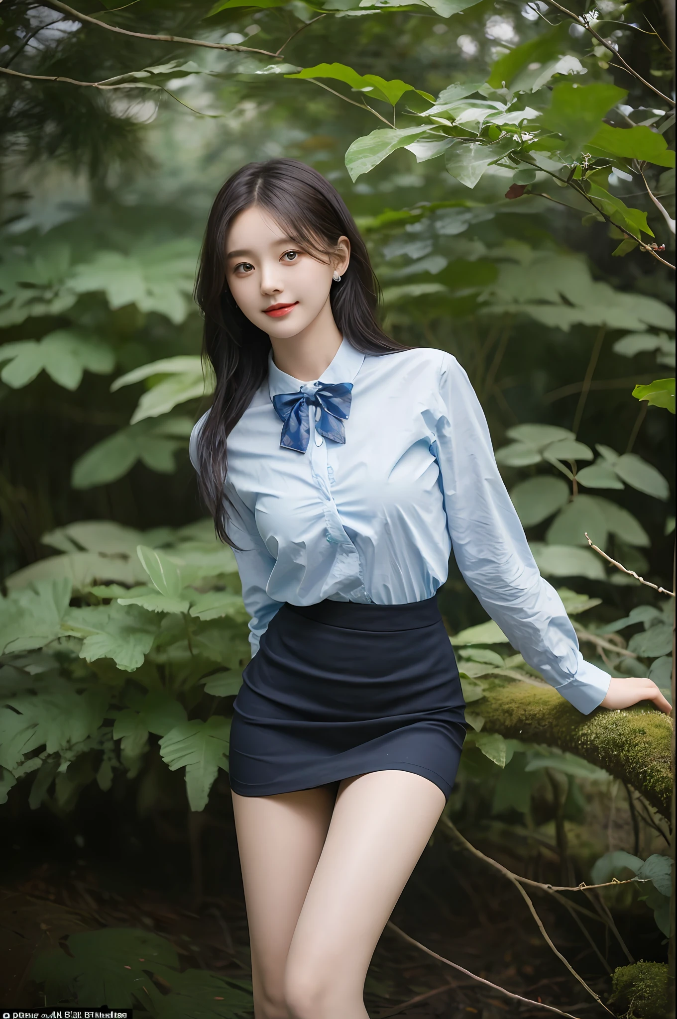 A cute girl, 20 years old, light blue eyes, black hair, long bohemian hairstyle, wearing (sky blue) short skirt skirt skirt and shirt, in a dark, mysterious forest, twisted branches and creeping vines, front picture, earrings, bow tie, noon, cinematic lighting, ((masterpiece)), (best quality), (high resolution), original, extremely detailed 8K, (realism: 1.4), flawless face, perfect eyes, symmetrica body type, (full body), smile, White stockings