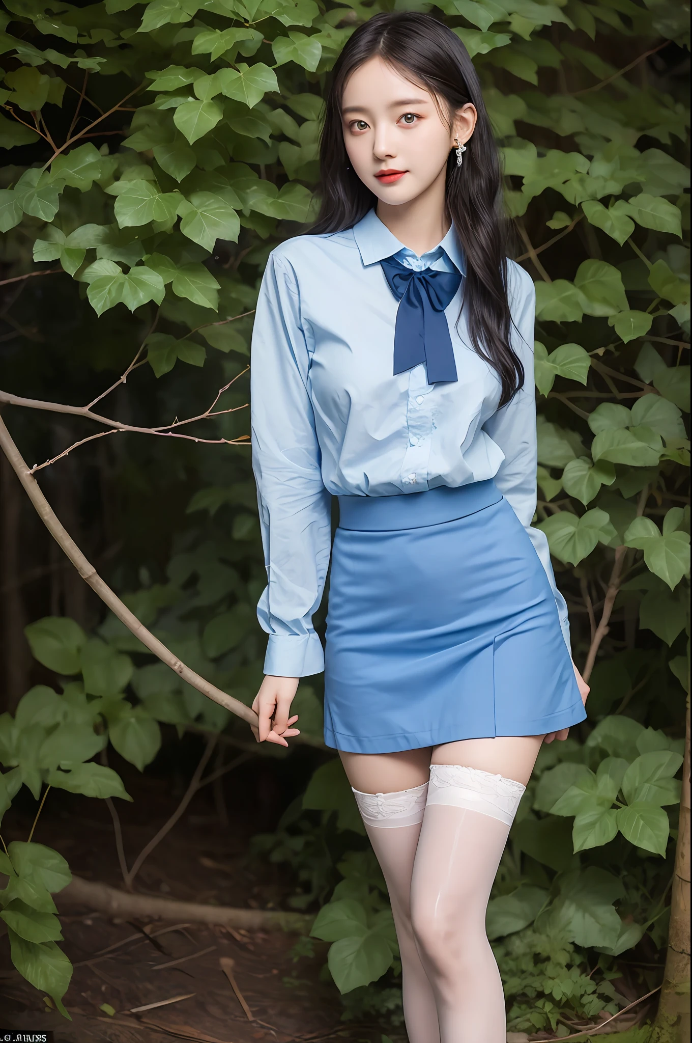 A cute girl, 20 years old, light blue eyes, black hair, long bohemian hairstyle, wearing (sky blue) short skirt skirt skirt and shirt, in a dark, mysterious forest, twisted branches and creeping vines, front picture, earrings, bow tie, noon, cinematic lighting, ((masterpiece)), (best quality), (high resolution), original, extremely detailed 8K, (realism: 1.4), flawless face, perfect eyes, symmetrica body type, (full body), smile, White stockings