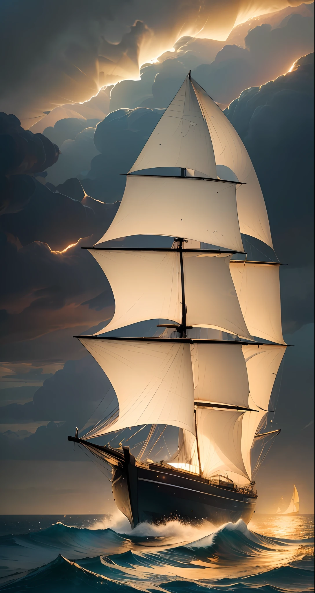 (((8k, RAW photo, Best Quality, Masterpiece: 1.4))), Ultra High Resolution, Ultra Detailed, Illustration, Close Up, Environment Only, (spectral ghost sailing ship emerges form dark clouds), (glowing brightly with a golden light), (dark stormy sky), glistening, waves crash, dolphins swim alongside, imagination, outdoors, particle effects,