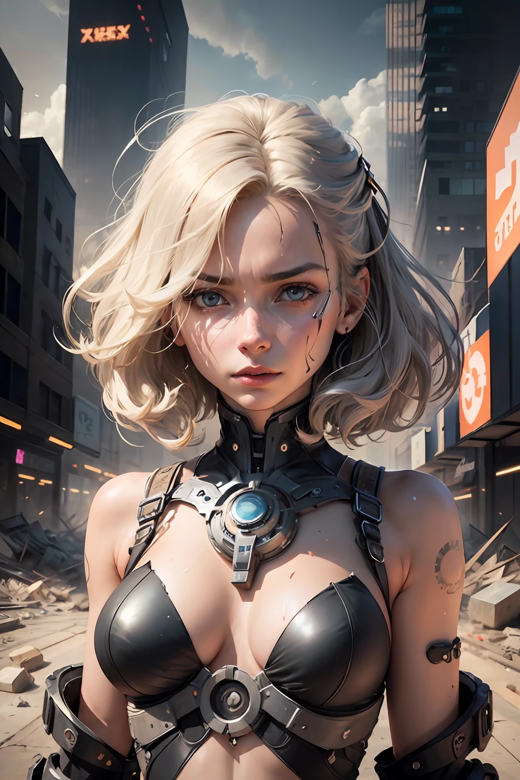 A mysterious woman emerges in a dystopian and confusing setting. Her body is made up of watch guest parts, merging perfectly with her skin. Each gear rotates continuously, creating a constant mechanical motion. It is surrounded by a chaotic landscape, with collapsed buildings, streets littered with debris and a soaring sky. The expression on his face is enigmatic, reflecting the duality between humanity and technology. --auto --s2