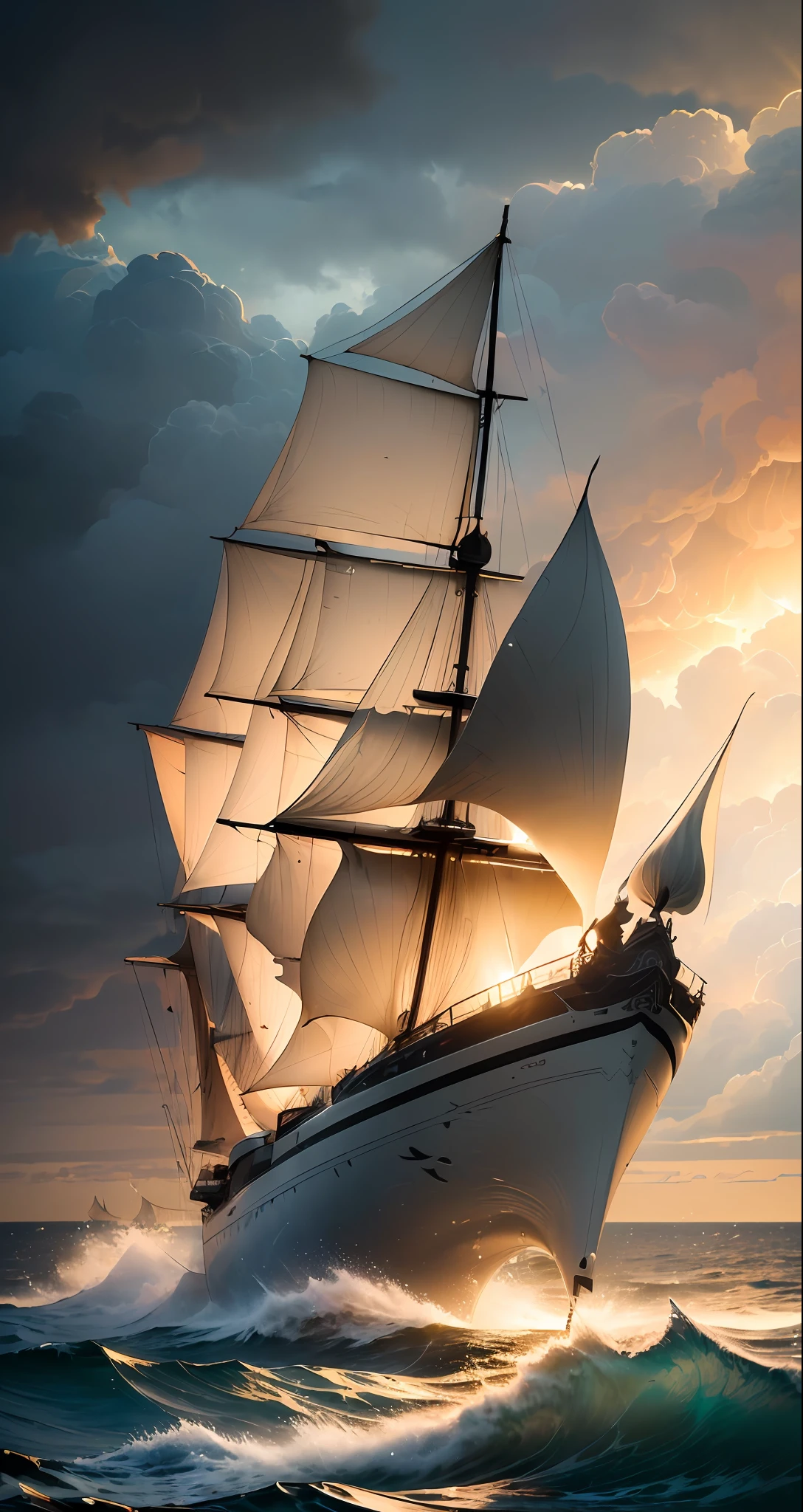 (((8k, RAW photo, Best Quality, Masterpiece: 1.4))), Ultra High Resolution, Ultra Detailed, Illustration, Close Up, Environment Only, (spectral ghost sailing ship emerges form dark clouds), (glowing brightly with a golden light), (dark stormy sky), glistening, waves crash, dolphins swim alongside, imagination, outdoors, particle effects,