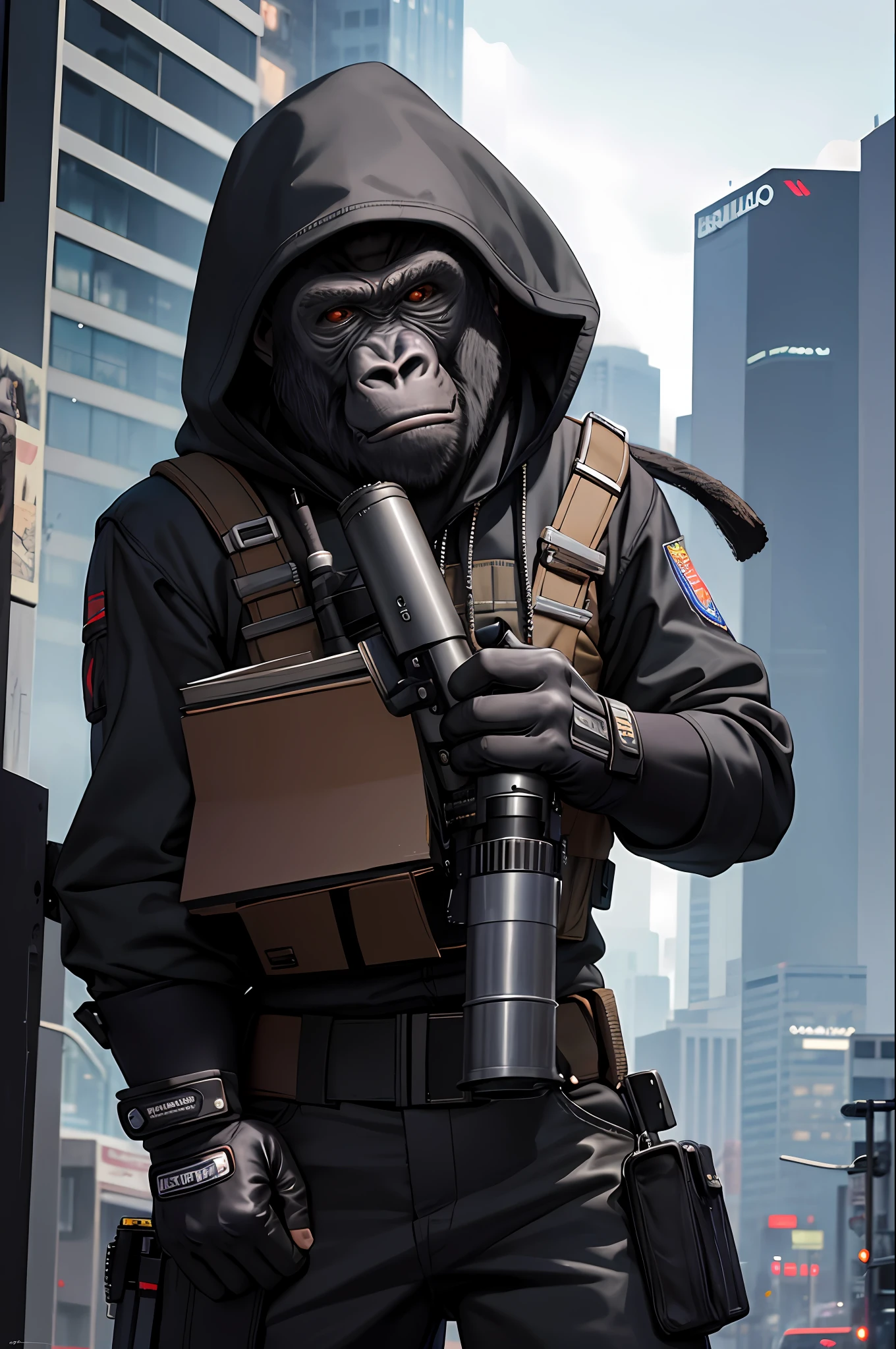 masterpiece, best quality, realistic , cold monkey, gorilla, blur, book, cable, wearing a marine uniform, cyberpunk, gloves, infrared sleeve with RPG bazooka on shoulder, hood, solo,