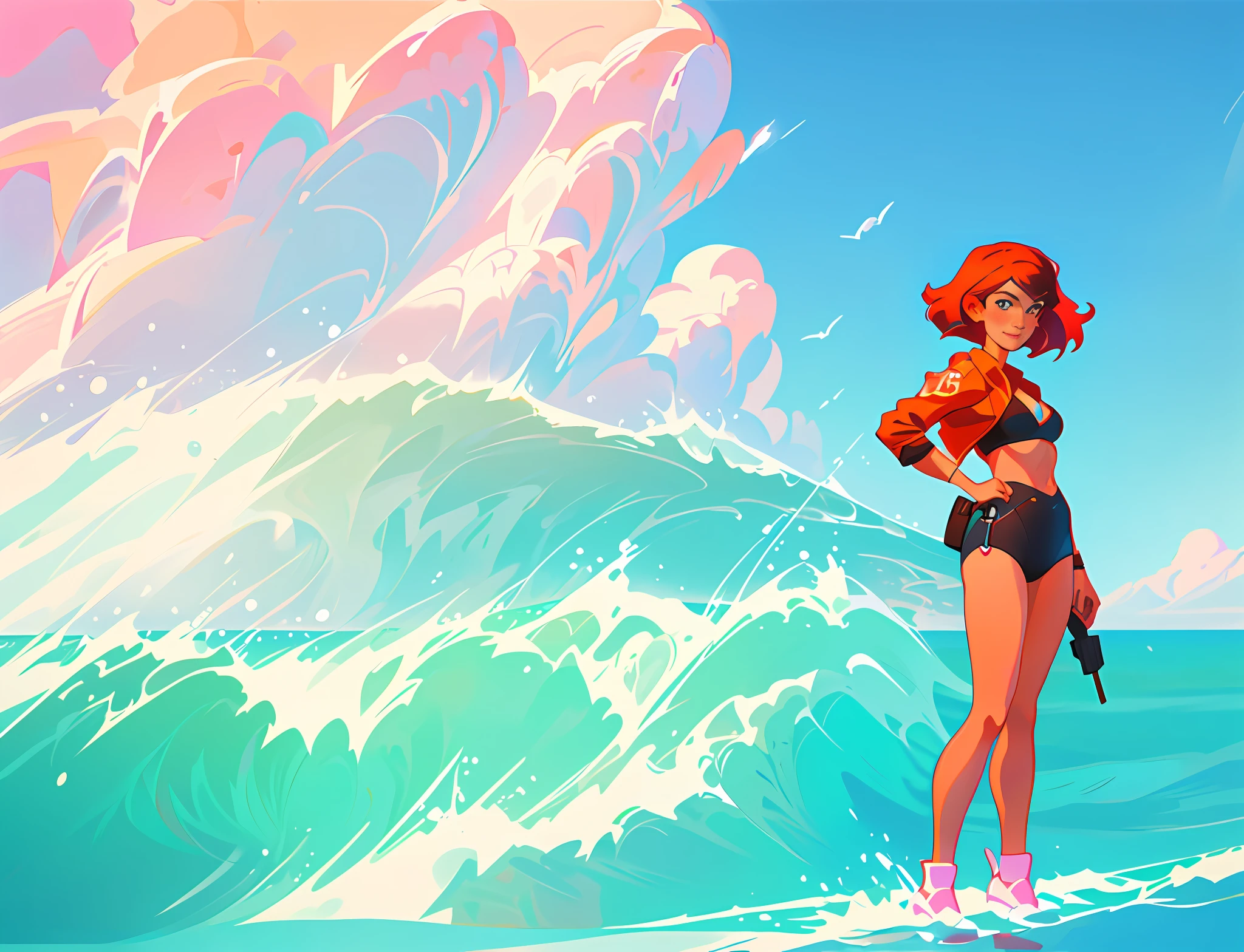 cartoon girl in a bikini standing in the ocean with a boat in the background, by Ryan Yee, rhads and lois van baarle, digital anime illustration, ilya kuvshinov landscape, artgerm and atey ghailan, by Jason Chan, digital art ilya kuvshinov, by Victor Wang, ross tran. scenic background