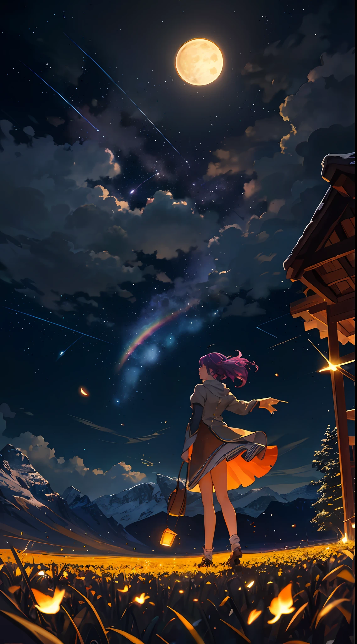 Vast landscape photo, (viewed from below, the sky is above and the open field is below), a girl standing on a flower field looking up, (full moon: 1.2), (meteor: 0.9), (nebula: 1.3), distant mountains , Trees BREAK Crafting Art, (Warm Light: 1.2), (Fireflies: 1.2), Lights, Lots of Purple and Orange, Intricate Details, Volumetric Lighting, Realism BREAK (Masterpiece: 1.2), (Best Quality), 4k, Ultra-Detailed, (Dynamic Composition: 1.4), Very Detailed, Colorful Details, (Rainbow Colors: 1.2), (Glow Lighting, Atmospheric Lighting), Dreamy, Magical, (Solo: 1.2)