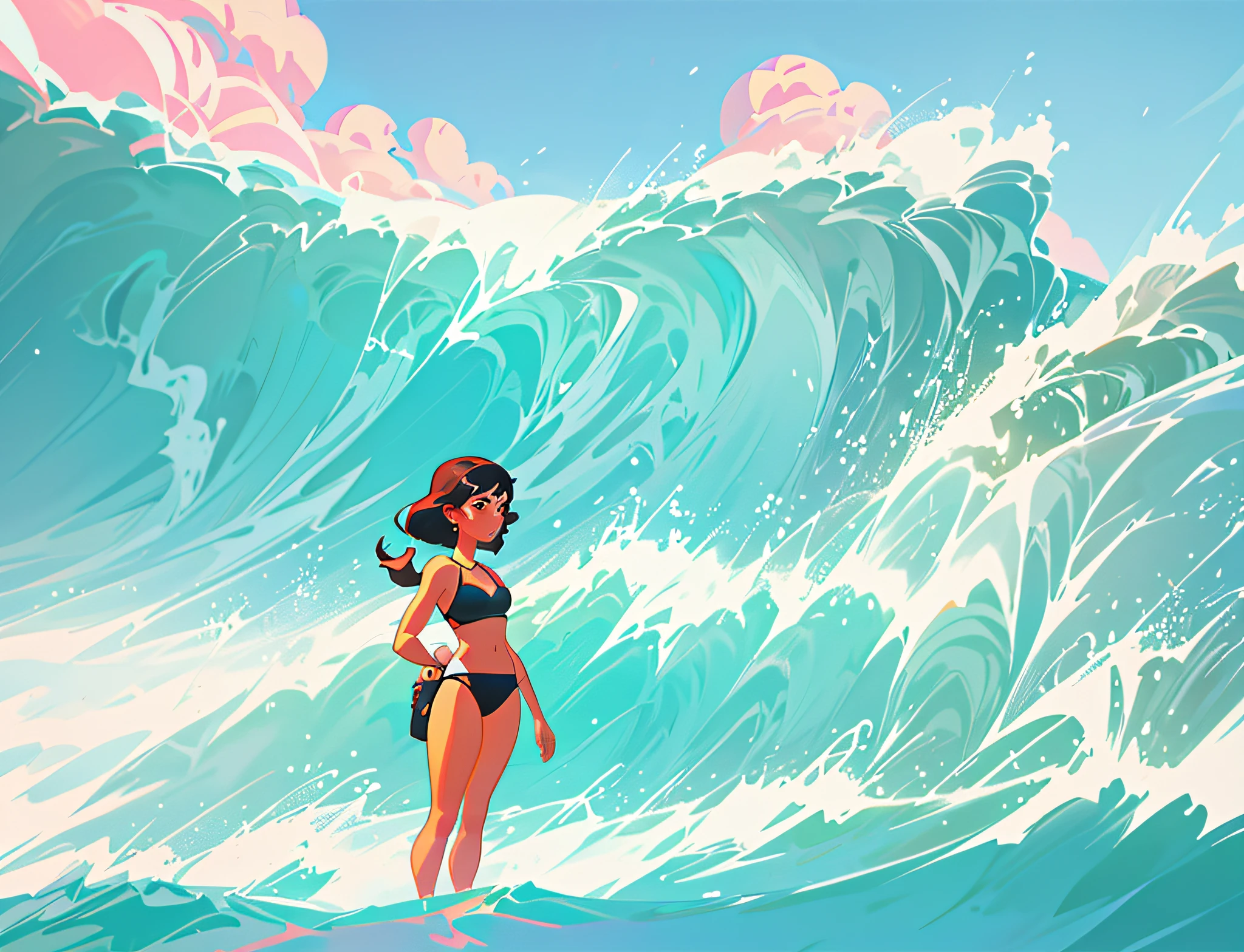 cartoon girl in a bikini standing in the ocean with a boat in the background, by Ryan Yee, rhads and lois van baarle, digital anime illustration, ilya kuvshinov landscape, artgerm and atey ghailan, by Jason Chan, digital art ilya kuvshinov, by Victor Wang, ross tran. scenic background