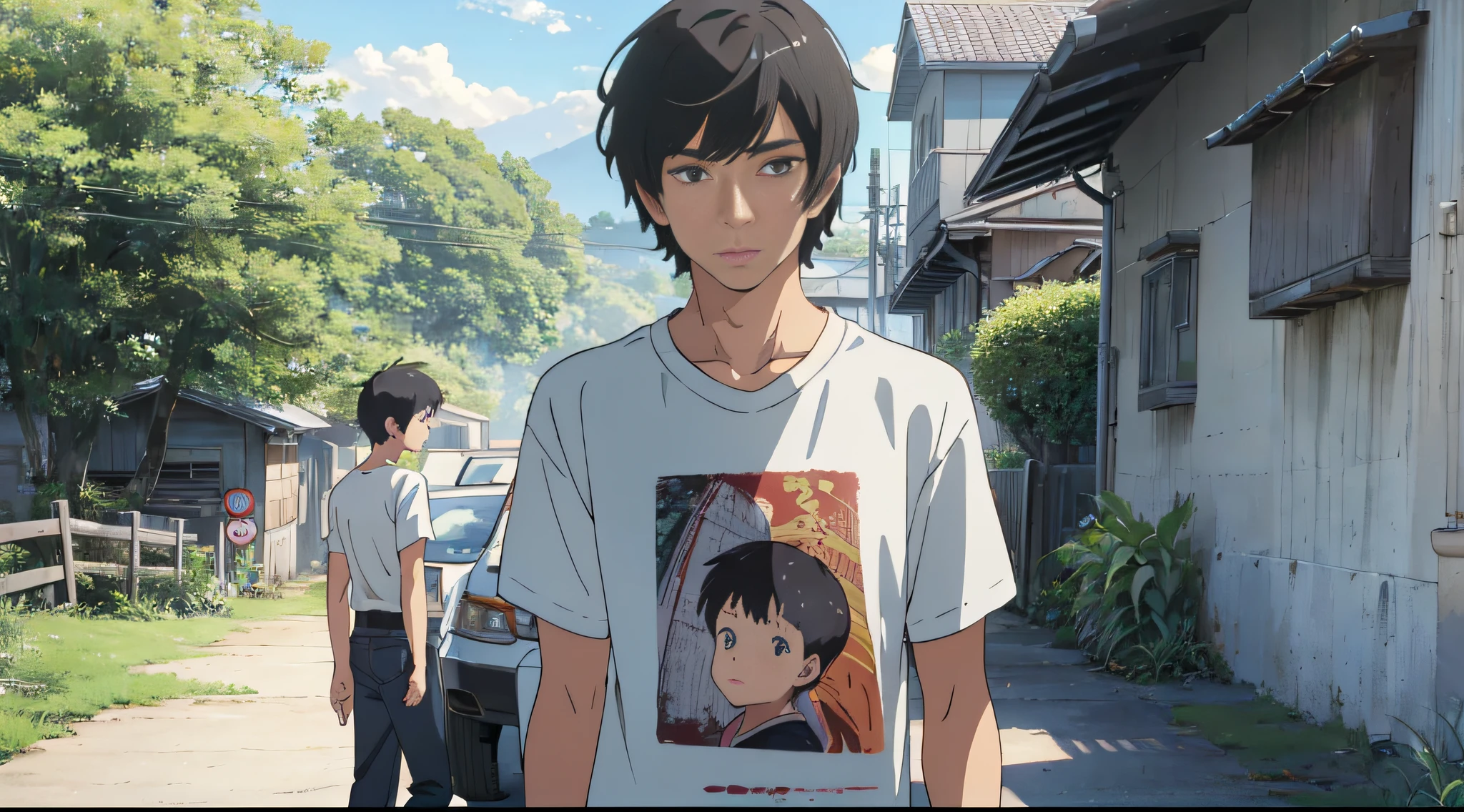 2 boys, Gangko and Shoko, leaning on SUV, SUV: 1.3, background is outside the countryside, (Gangko: short hair, straight hair, sunshine, handsome, with watch, gray casual shirt, black pants), (Shoko: short hair, straight hair, bangs, handsome, wearing a watch, white casual T-shirt, gray pants), three-dimensional painting, people account for 3/4, surreal anime, UHD, textured skin, high quality, high detail --auto --s2
