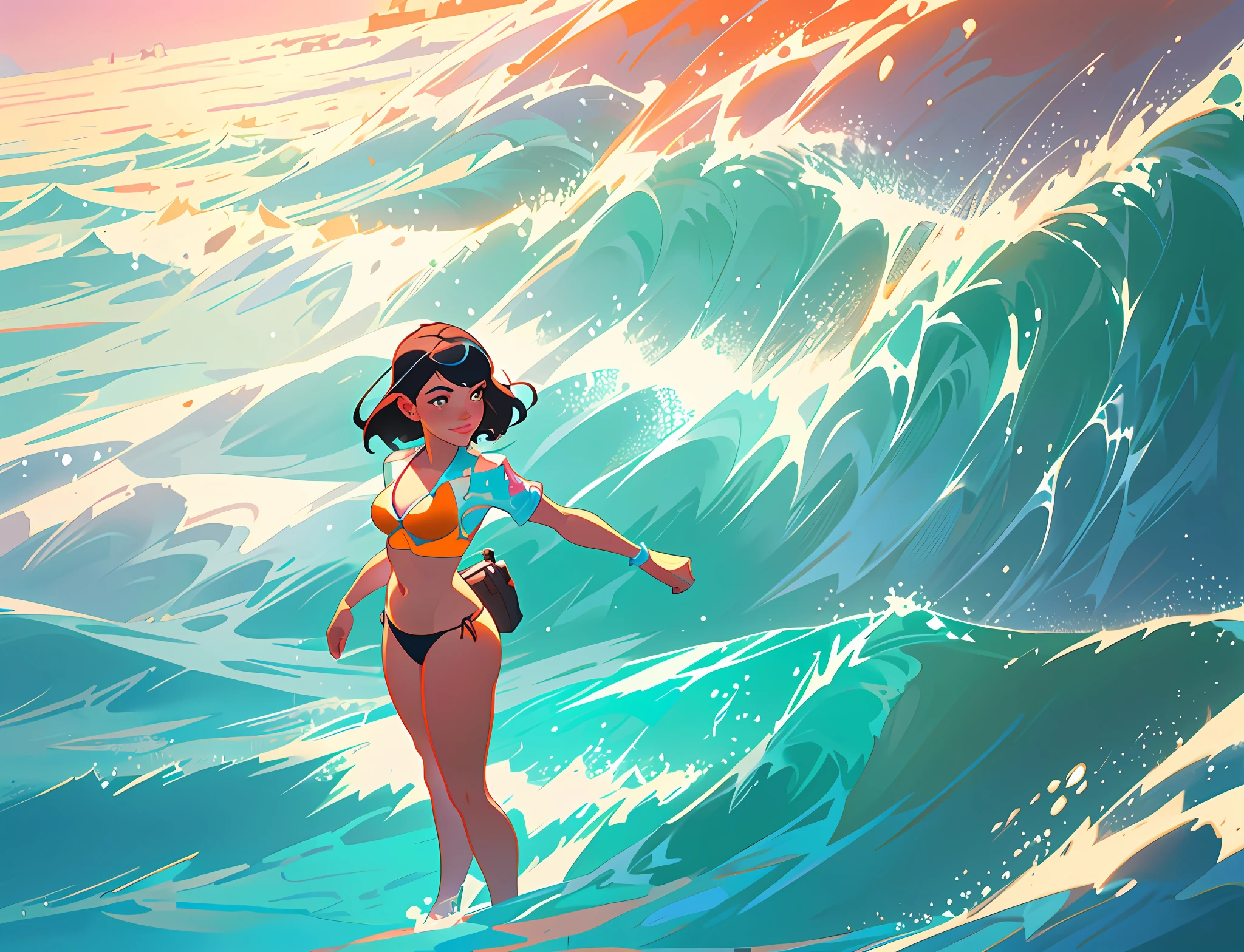 cartoon girl in a bikini standing in the ocean with a boat in the background, by Ryan Yee, rhads and lois van baarle, digital anime illustration, ilya kuvshinov landscape, artgerm and atey ghailan, by Jason Chan, digital art ilya kuvshinov, by Victor Wang, ross tran. scenic background