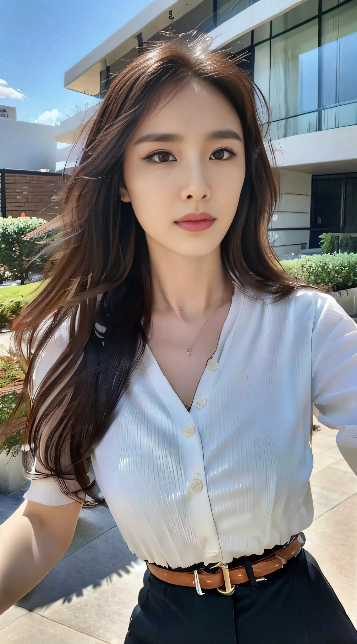 (Best quality, High resolution, Masterpiece :1.3), A tall and pretty woman, Slender abs, Dark brown hair styled in loose waves, Breasts, Wearing pendant, White button up shirt, Belt, Black skirt, (Modern architecture in background), Details exquisitely rendered in the face and skin texture, Detailed eyes, Double eyelid