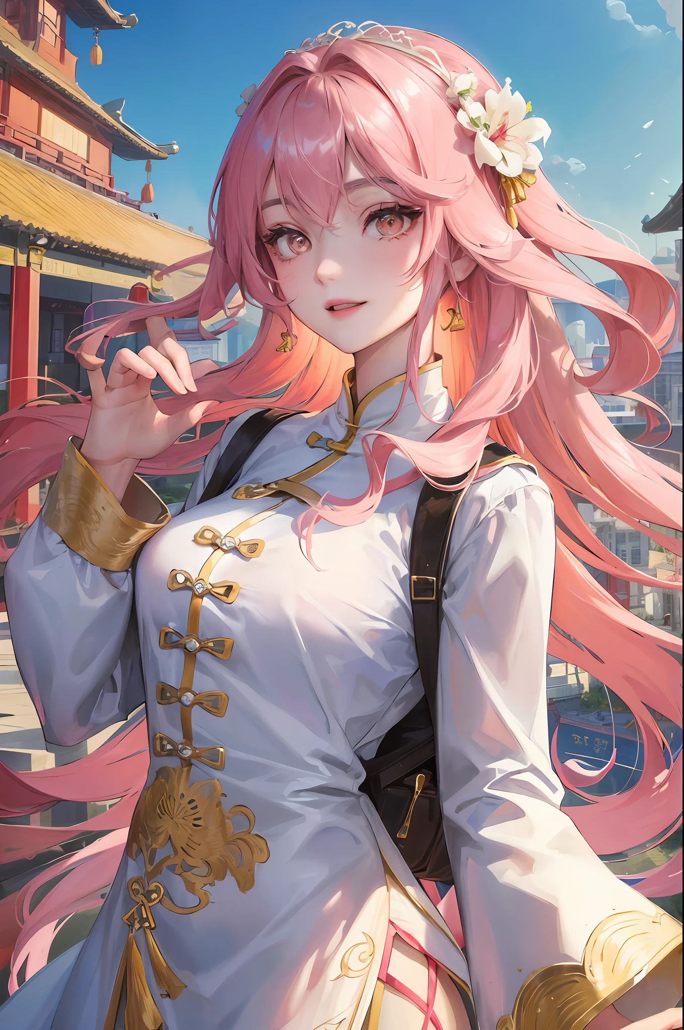 Official fine art, masterpieces, sharp focus, (Beautiful gorgeous and cute Chinese woman: 1.3), (Beautiful and cute Chinese: 1.3), Chinese beauty, delicately beautiful hair and eyes and face, realistic, super detailed, beautiful girl, backpack, blue sky, glowing white particles, (sidelighting: 1.2), sunlight, white clouds, delicate clouds, slender, smile, scenery, long straight hair, buildings, dynamic hair, long straight hair, fine platinum pink hair, glowing brown eyes, hair accessories, epic scenery,