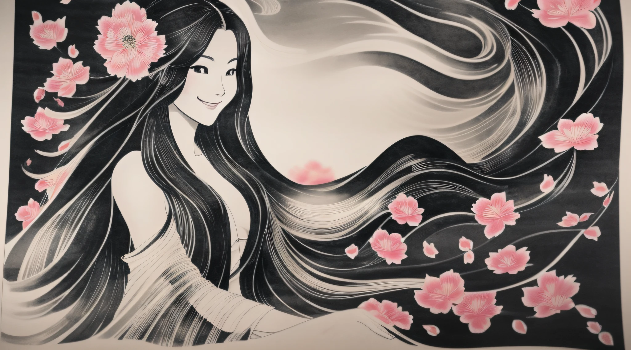 detailed, Chinese ink painting style depiction of a beautiful girl with long flowing hair. She is smiling and her hair is floating around her like flower petals. She is wearing an open top with no bra, and her are visible through the fabric. --auto --s2