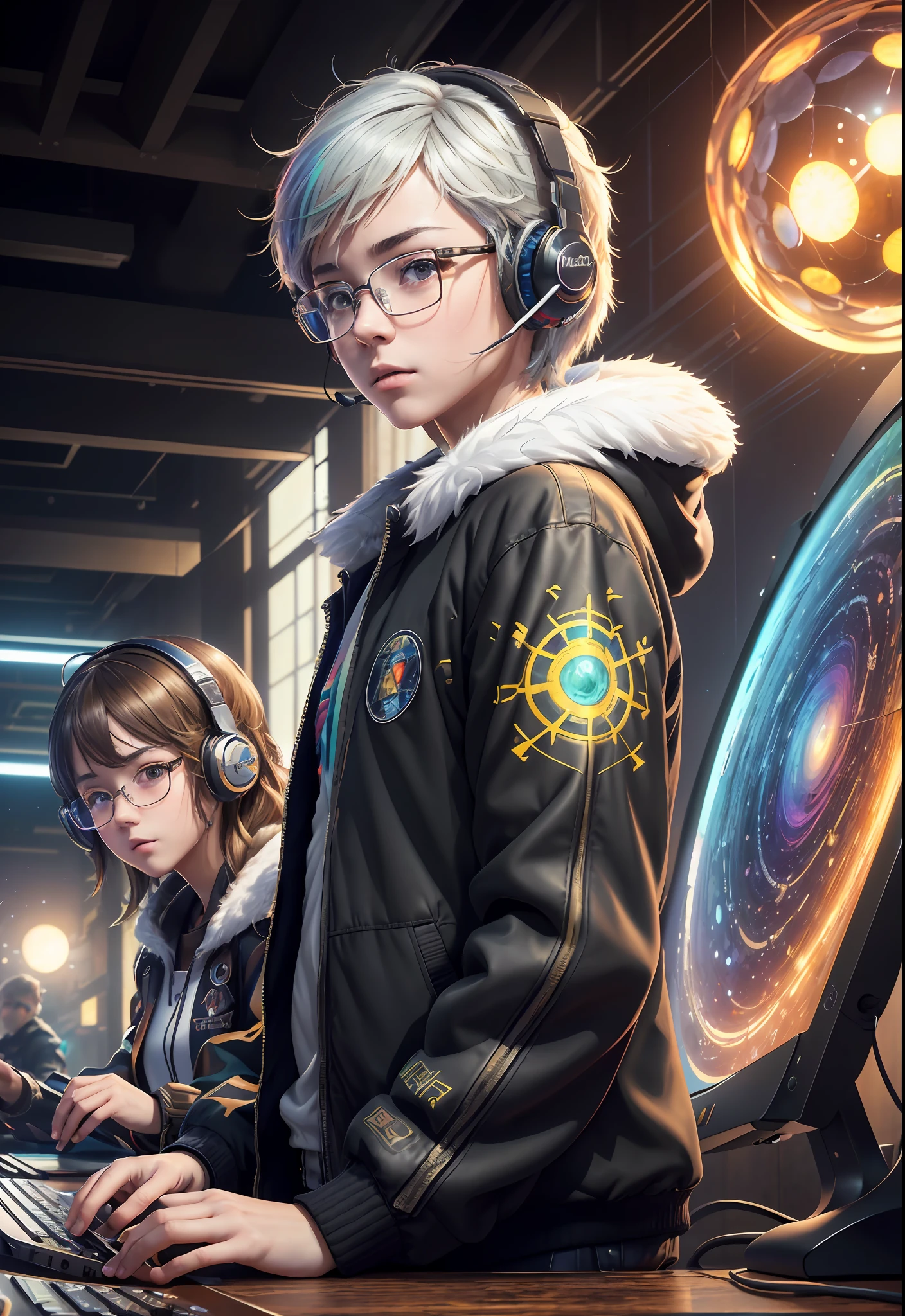 Masterpiece, Best Illustration, Solo, Multiplayer, Handsome Glasses-kun, White-haired Boy, Blonde Girl, Seated, Keyboard \ (Computer \), Fur Decoration, Computer, Monitor, Hood, Jacket, Hood Down (Chair, Headphones, City, Instrument, Cyberpunk, Wooden Toys,\(\(Intricate Details\)\), Color Details, Rainbow Color BREAK, \(\(Best Quality of Masterpiece\)\), 4K, Ultra Detail, Detailed Lighting, \((Inspired by Hayao Miyazaki)\), Official Art, Propaganda art, composition, a giant mirror ball floating in space, twinkling lights, sad lost, particles in the air, intricate fractals, detailed, (illustration), masterpiece, high resolution, best quality. Illuminate people, colorful, master composition, focus on key figures, realism, masterpiece, award-winning, best quality, masterpiece, ultra-detailed, 8K, extremely detailed CG Unity 8k wallpaper, complex, highly detailed, realistic