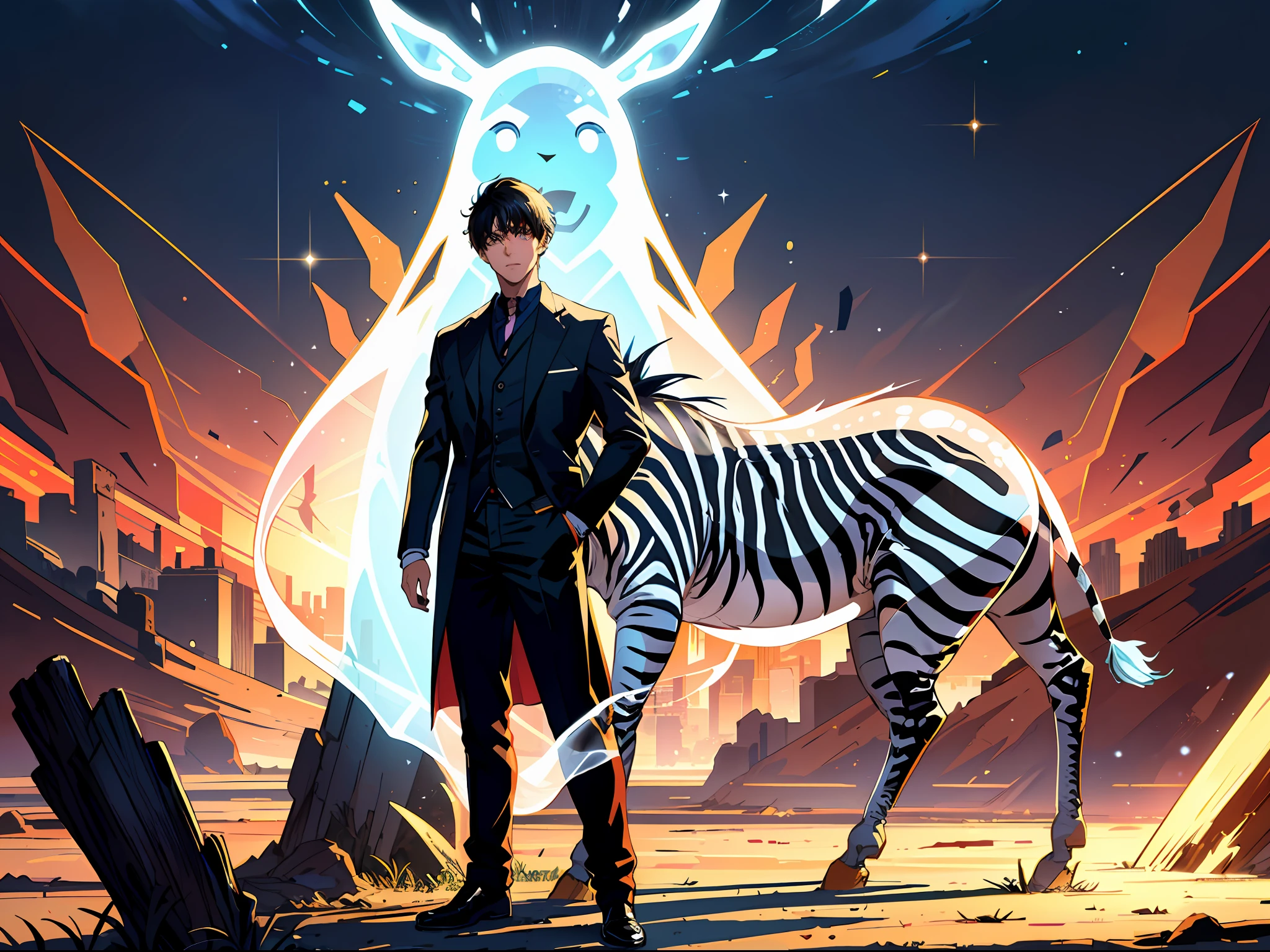 ((Image quality: HD clear, best image, illustration quality, super detailed)), (subject: handsome boy) standing on the ground with one in the background (main emphasis: translucent zebra ghost).