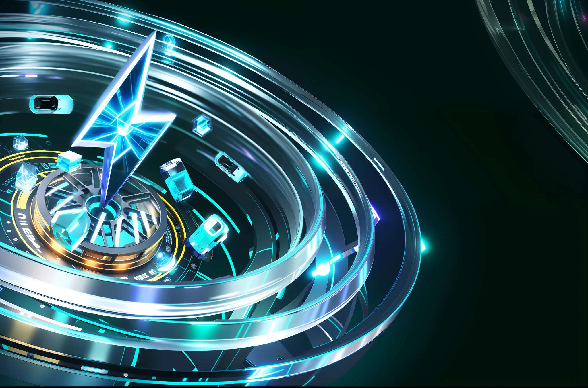 Glass ring close-up with a lot of lights, futuristic ring texture, futuristic light sense, 4K punk wallpaper, amazing wallpaper, 4K HD illustration wallpaper, sci-fi night scene, futuristic portal, digital artwork 4k, sci-fi fantasy desktop wallpaper, futuristic digital art, ring body, teal series, lightning shape clear and clear, glowing contour lightning bolt shape, texture, three-dimensional, ring texture detail