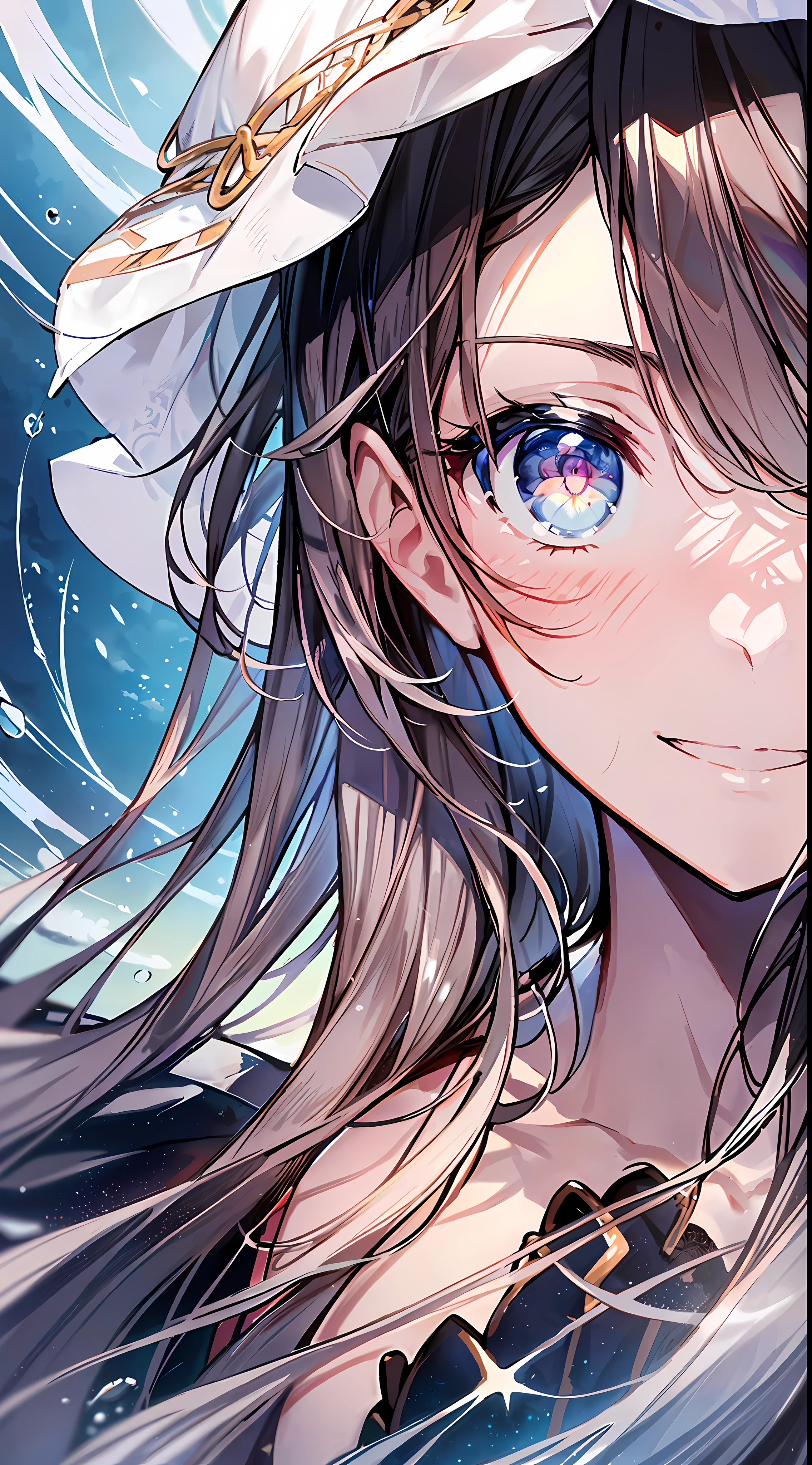 (Incredibly Absurdres Absolutely Resolution: 1.5), Top Quality, Masterpiece, Ultra High Definition, 8K, Summer Sky, Early Summer, (Hat, Wide Pants, Sleeveless), Shojo Manga Style , One, Soft Line Art, Digital Enhancement, Shojo Manga Touch, Shojo Manga Core, Flowing Fabric, Close Up, ( shoulder-length hair length and short braids)), wet hair, soft drawing, fluffy, soft, beautiful black hair, clear eyes, (((gentle smile)), ultra-detailed digital anime art, clear face depiction, ultra-detailed shoujo manga character art, clear facial features, ultra-detailed manga style, top quality colors, hand gestures, looking up at the sky, angle to see up to your feet, zentangle:1.3,mandala、entangle、beautiful and aesthetic
