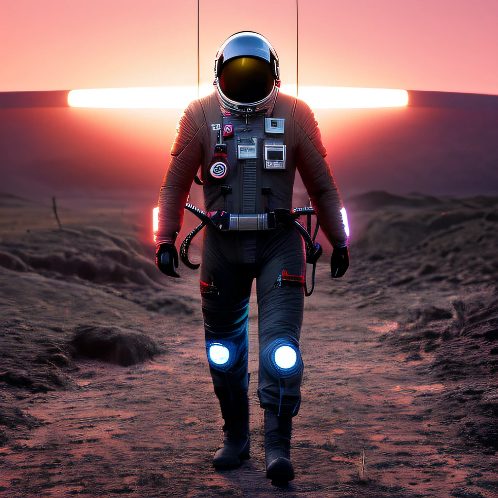 a photo of death stranding scenery, scifi style,anatomically correct human male figure in astronaut suit in field,helmet glowing pink, dynamic lighting, atmosphere lighting, hyper detail features, ray tracing, high flare, 3D, cinematic lighting, dark shadows, unrealistic Engine 5 rendering, hyper detail,trending on artstation, 4k,extremely high details, ultra hd, hdr, 8k, extremely high details