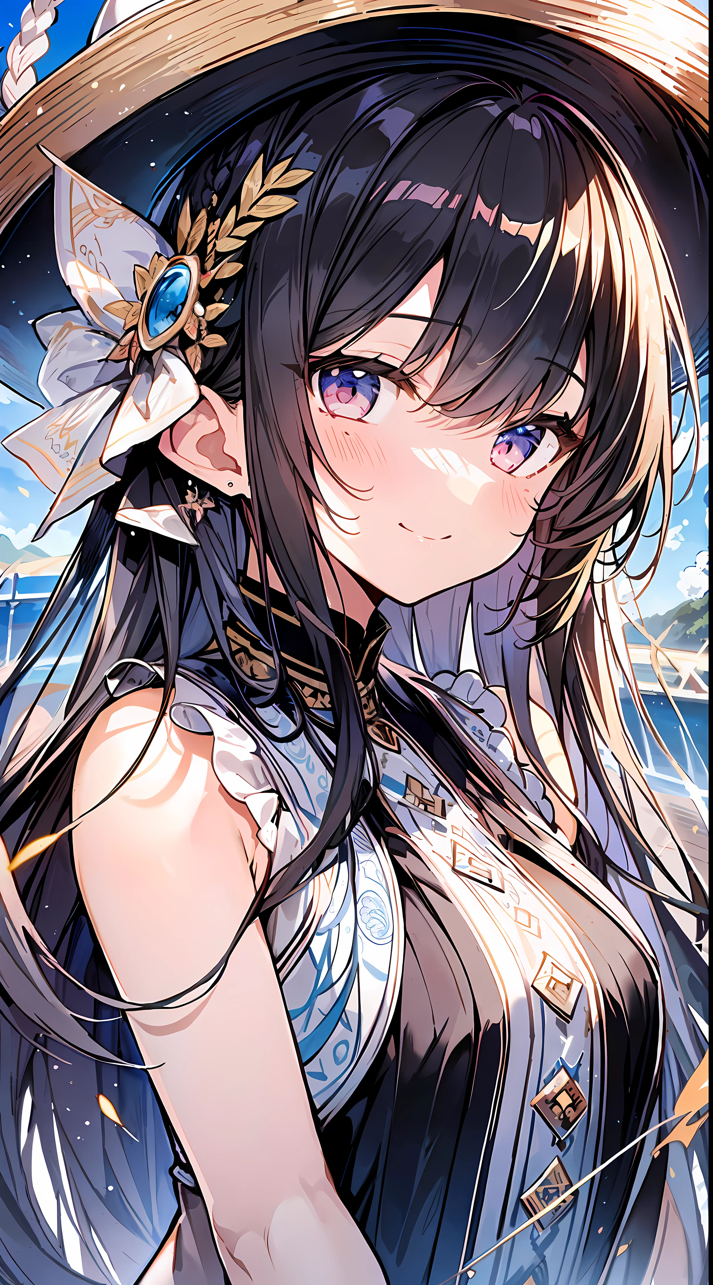 (Incredibly Absurdres Absolutely Resolution: 1.5), Top Quality, Masterpiece, Ultra High Definition, 8K, Summer Sky, Early Summer, (Hat, Wide Pants, Sleeveless), Shojo Manga Style Loli, One, Soft Line Art, Digital Enhancement, Shojo Manga Touch, Shojo Manga Core, Flowing Fabric, Close Up, ( shoulder-length hair length and short braids)), wet hair, soft drawing, fluffy, soft, beautiful black hair, clear eyes, (((gentle smile)), ultra-detailed digital anime art, clear face depiction, ultra-detailed shoujo manga character art, clear facial features, ultra-detailed manga style, top quality colors, hand gestures, looking up at the sky, angle to see up to your feet, zentangle:1.3,mandala、entangle、beautiful and aesthetic