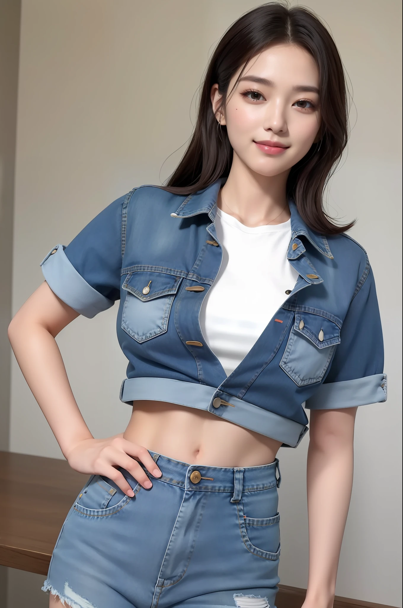 ((Best Quality, 8K, Masterpiece: 1.3)), Sharpness: 1.2, Backside, Perfect Body Beauty: 1.4, Layered Hairstyle, Medium Breasts, Highly Detailed Face and Skin Texture, Detailed Eyes, Double Eyelids, Kor Mixed Face, (K-pop Idol: 0.5), Wide Buttocks, Light Clothing, Volume Light, Smile, ((Denim Lens)),