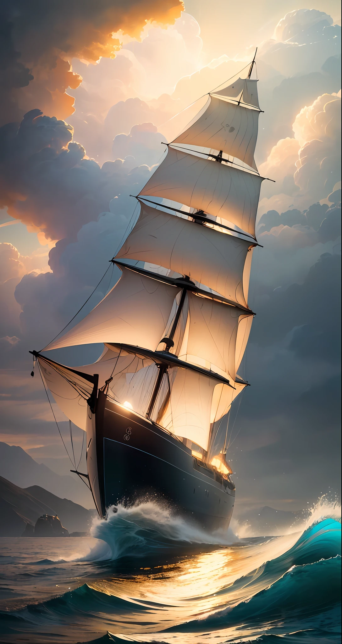 (((8k, RAW photo, Best Quality, Masterpiece: 1.4))), Ultra High Resolution, Ultra Detailed, Illustration, Close Up, Environment Only, (spectral ghost sailing ship emerges form dark clouds), (glowing brightly with a golden light), (dark stormy sky), glistening, waves crash, dolphins swim alongside, imagination, outdoors, particle effects,