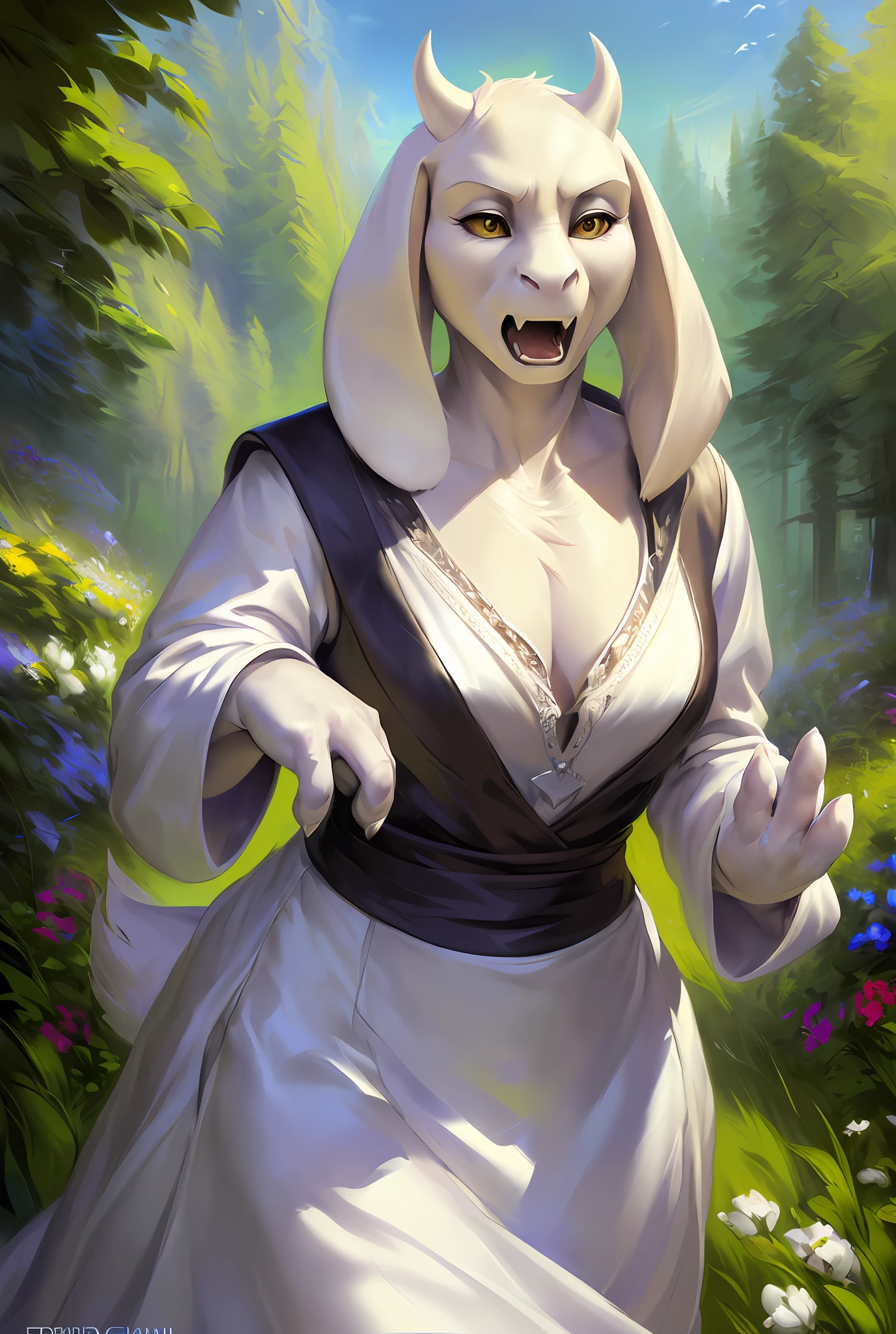 1female,((toriel, goat, furry )), (cute), god of hyperdeath, ((by Michael & Inessa Garmash, Ruan Jia, Pino Daeni, chunie, darkgem)), ((character torielxdreemurr)), black robe, horns, (best quality, ultra-detailed, best illustration, masterpiece, high res, professional art, famous art), realistic painting, white skin, detailed realistic painting, female, (detailed white skin), toriel, portrait, detailed hands, shading, four fingers, insane details, looking forward,  (anger, open mouth, fangs), fight, solo, big chest, cleavage, bust on display