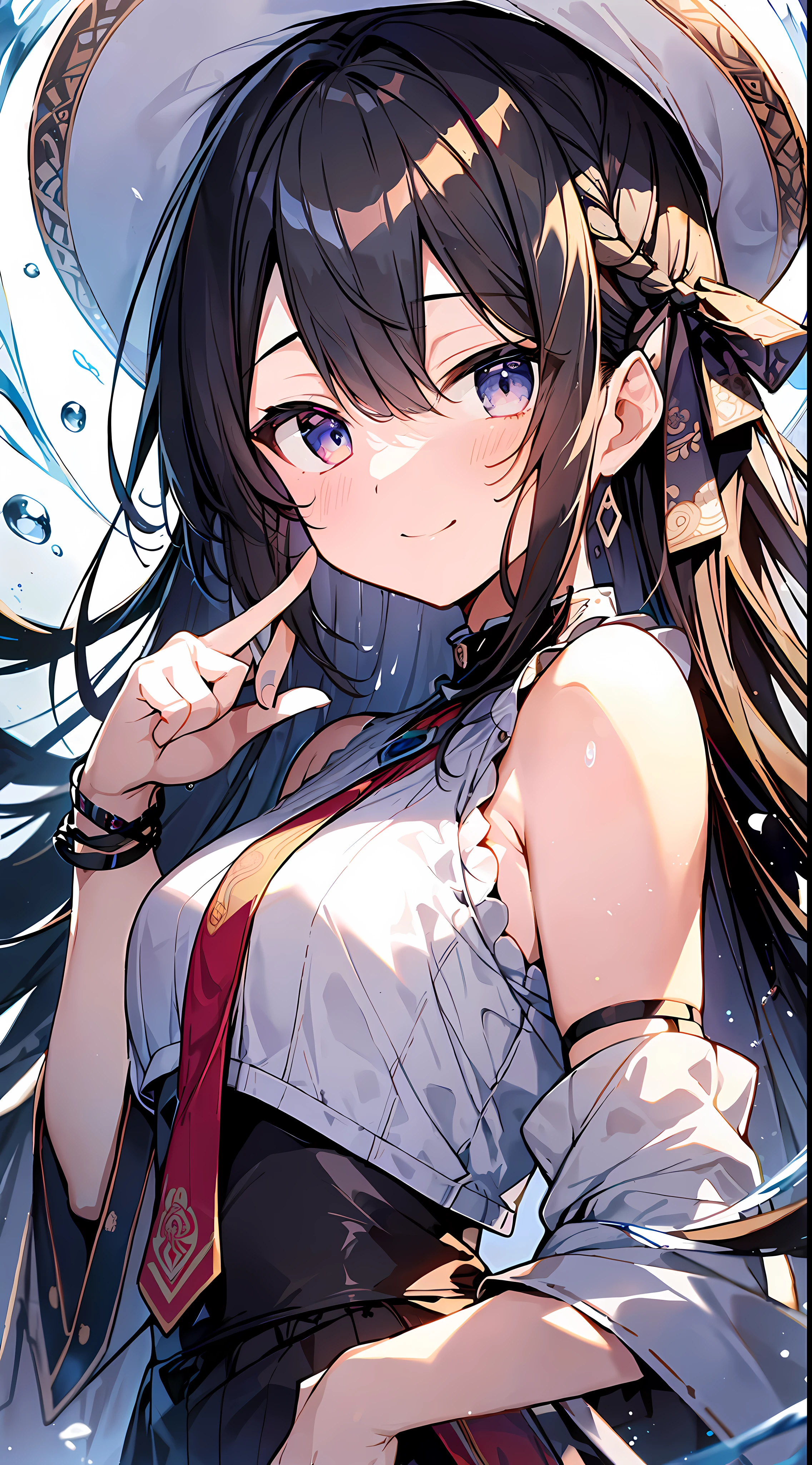 (Incredibly Absurdres Absolutely Resolution: 1.5), Top Quality, Masterpiece, Ultra High Definition, 8K, Summer Sky, Early Summer, (Hat, Wide Pants, Sleeveless), Shojo Manga Style , One, Soft Line Art, Digital Enhancement, Shojo Manga Touch, Shojo Manga Core, Flowing Fabric, Close Up, ( shoulder-length hair length and short braids)), wet hair, soft drawing, fluffy, soft, beautiful black hair, clear eyes, (((gentle smile)), ultra-detailed digital anime art, clear face depiction, ultra-detailed shoujo manga character art, clear facial features, ultra-detailed manga style, top quality colors, hand gestures, looking up at the sky, angle to see up to your feet, zentangle:1.3,mandala、entangle、beautiful and aesthetic