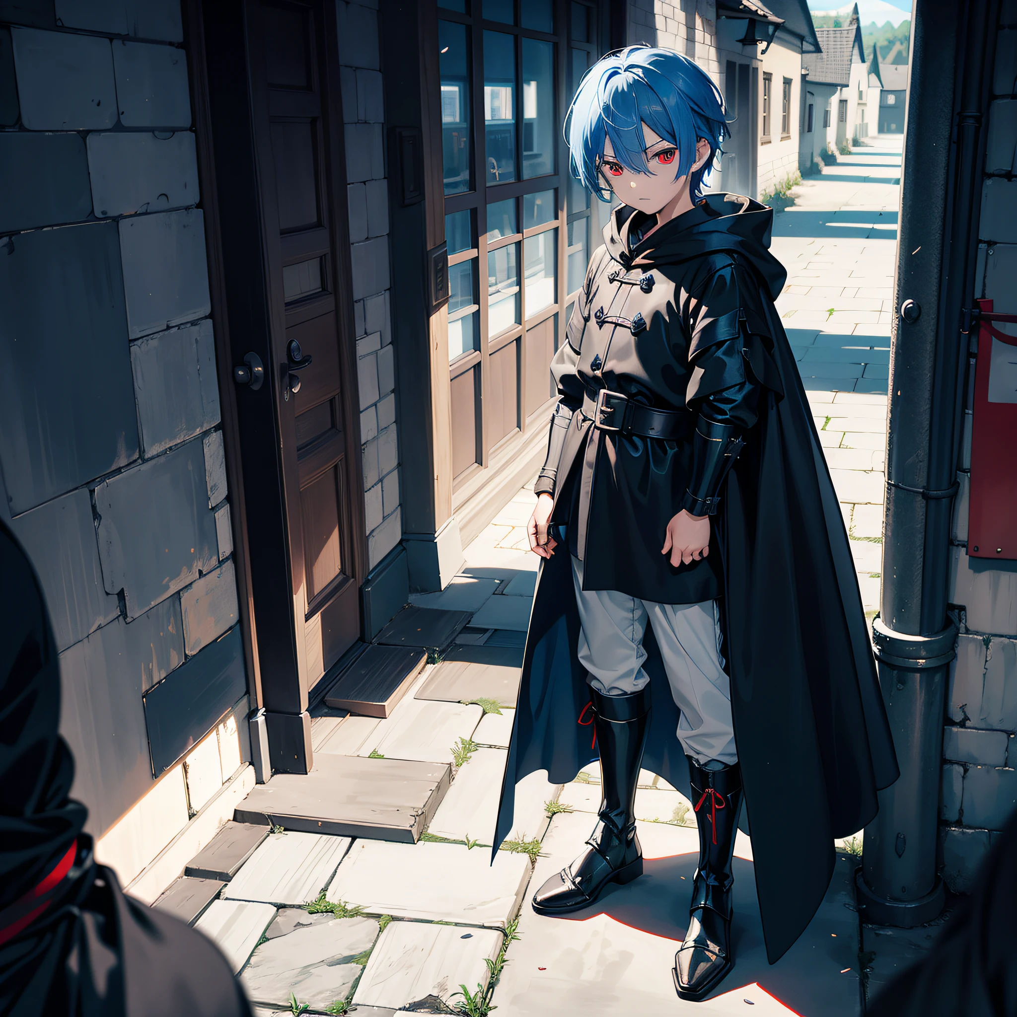 a boy, a boy, 5 , sky blue hair and red eyes, dark and expressionless personality, he wore black armor and a black hooded robe, black boots spying on knights at night, in medieval England